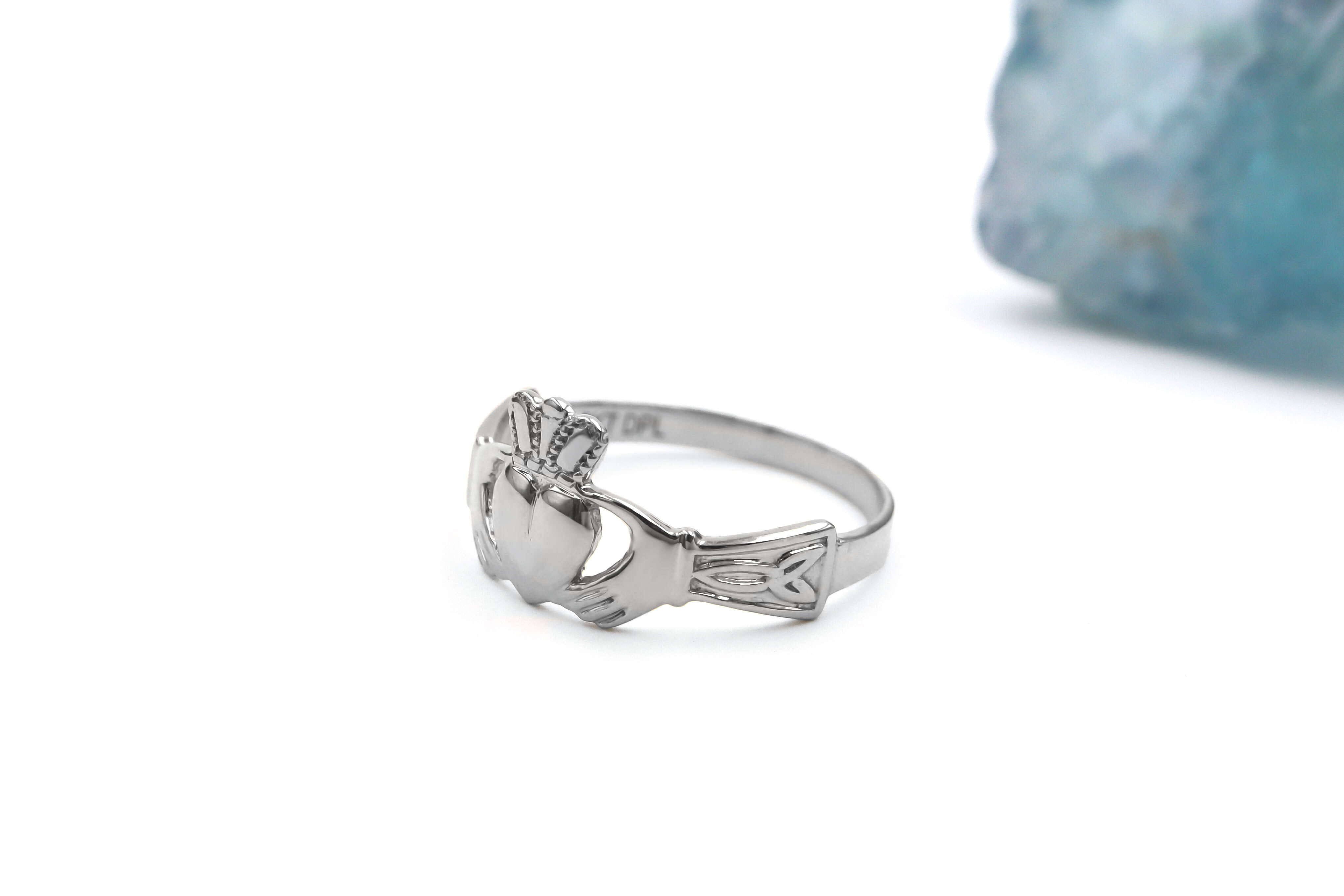 Striking 9K White Gold Claddagh Ring For Women. Side View.