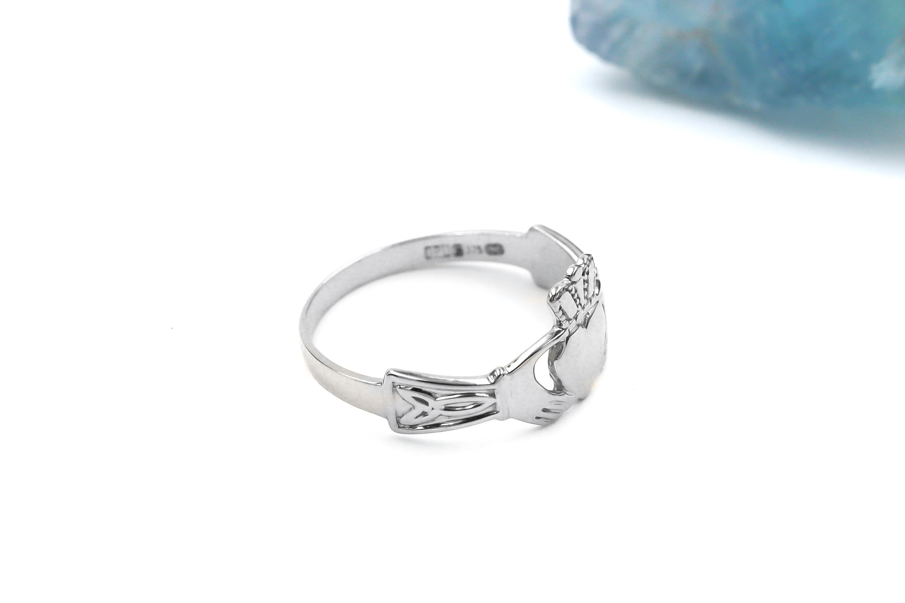 Striking White Gold Claddagh Ring For Women. Side View.