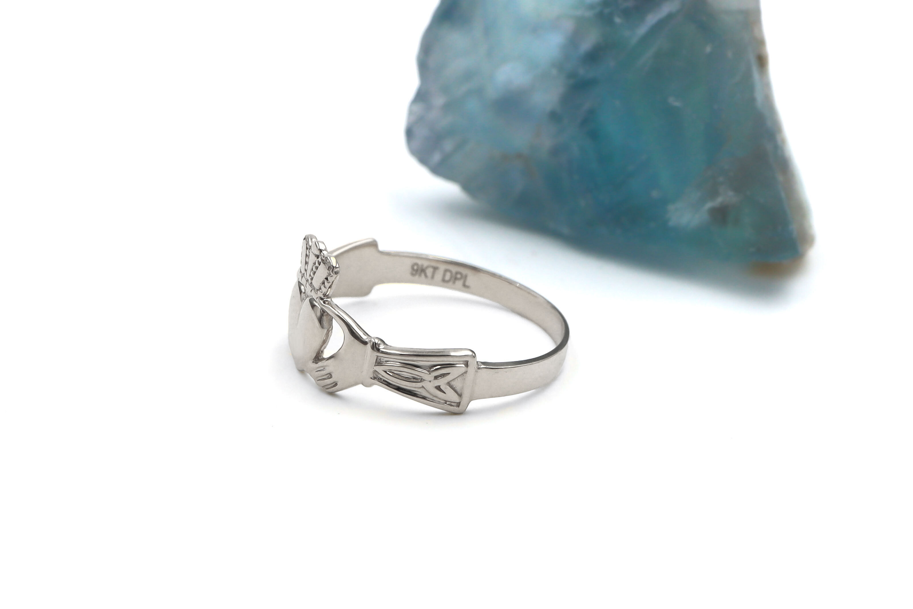 Romantic 9K White Gold Claddagh 2.0mm Ring For Women. Side View.