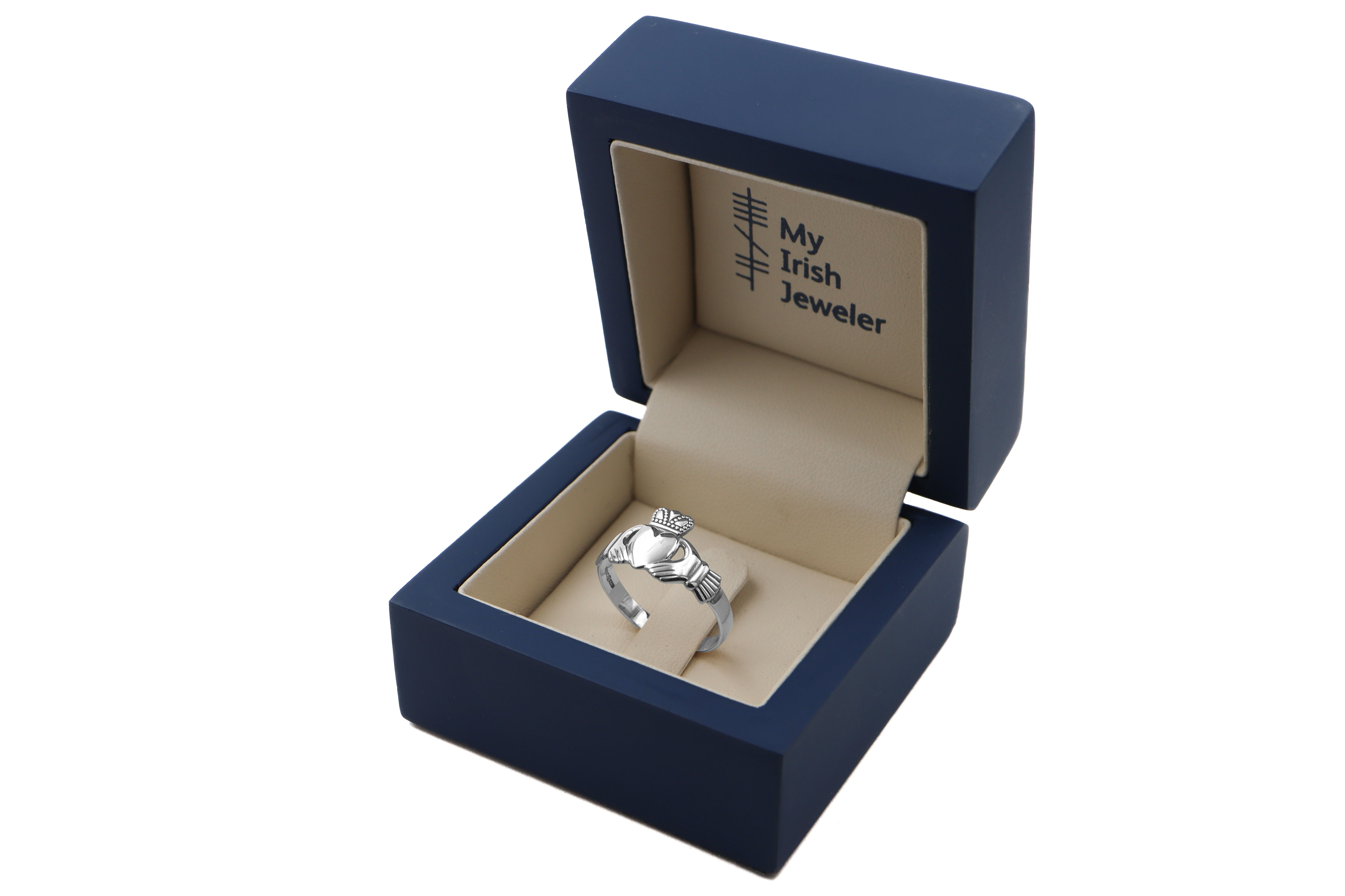 Womens White Gold Claddagh Ring. In Luxury Packaging.