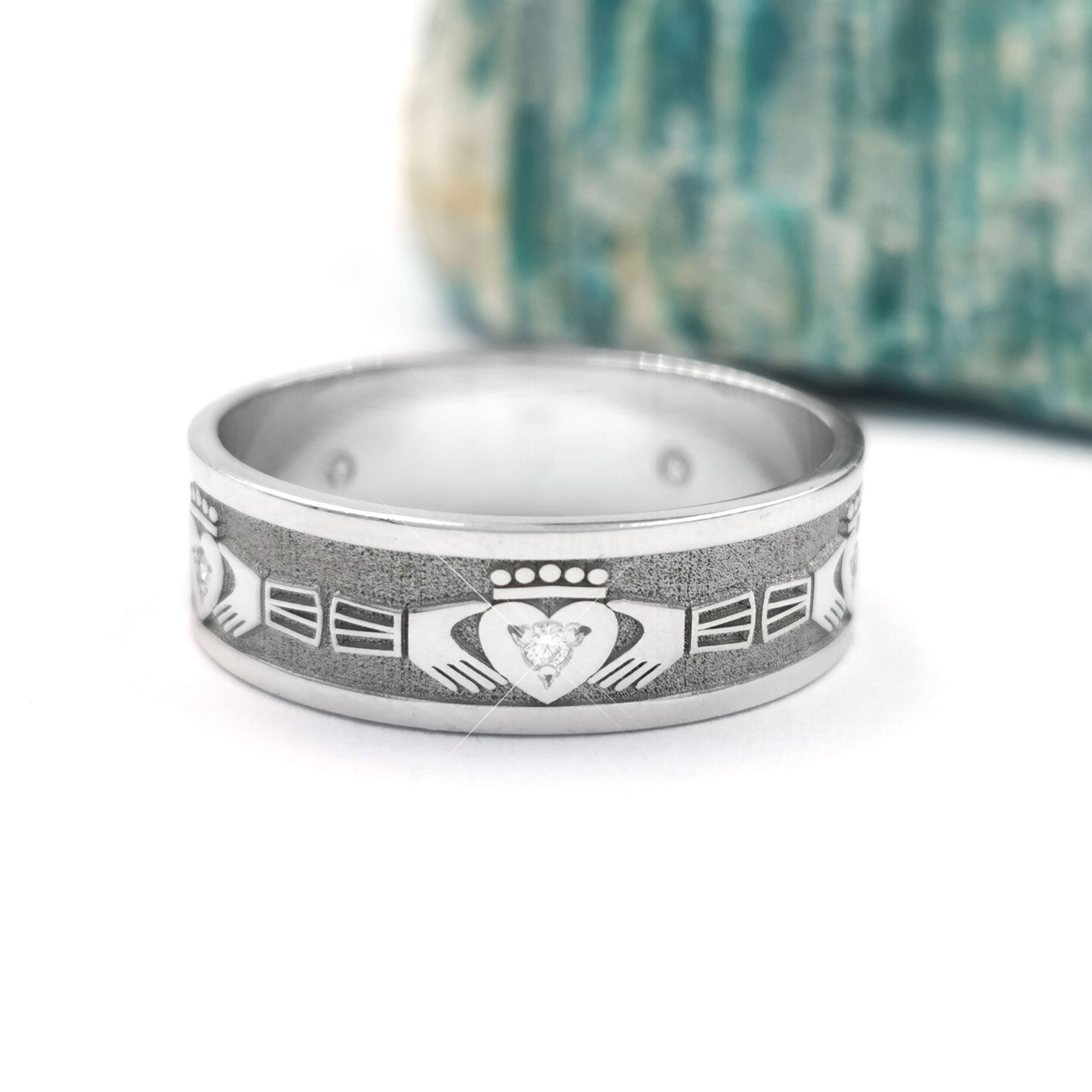 10K White Gold Diamond Set Claddagh Wedding Band