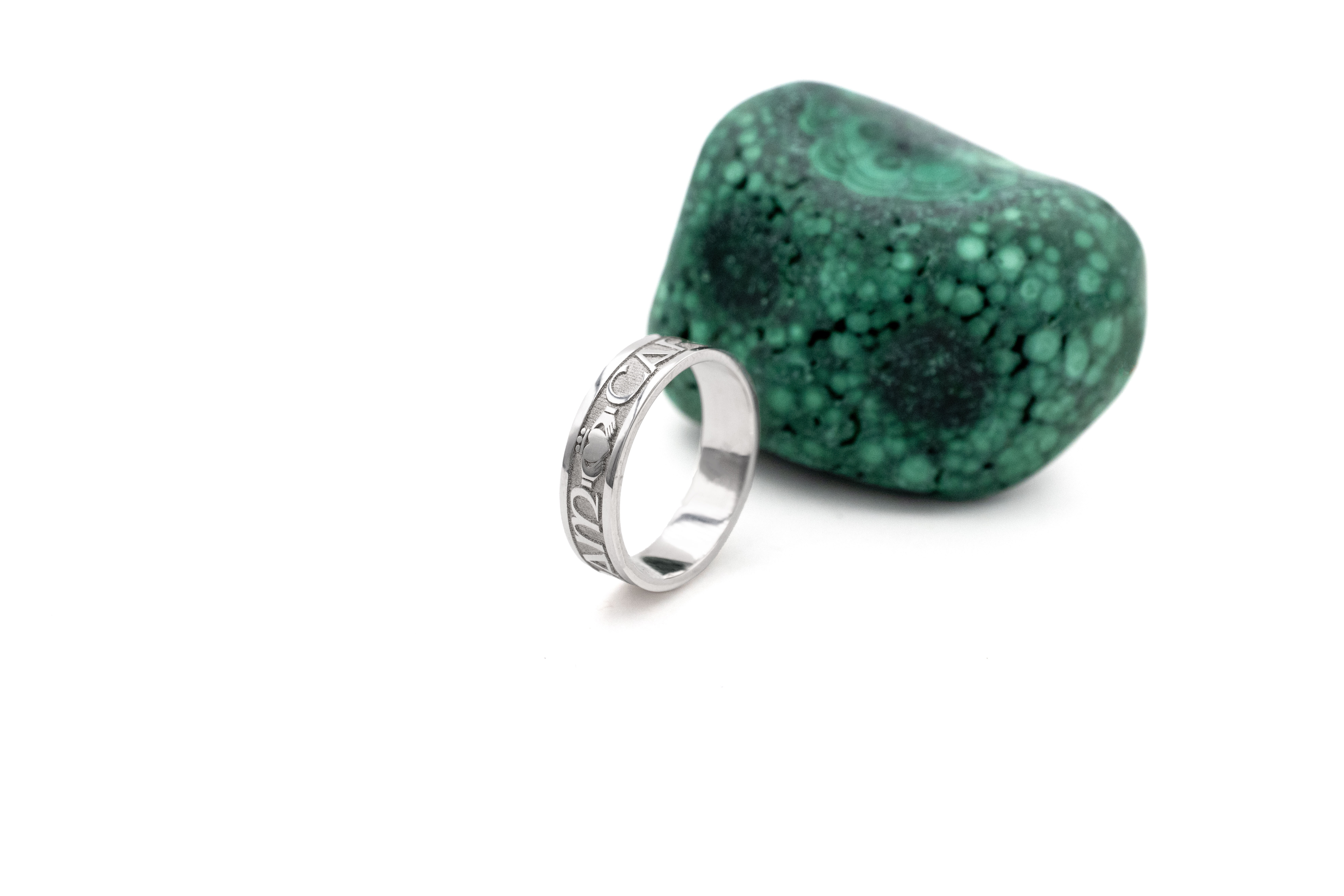 Genuine Sterling Silver Mo Anam Cara & Gaelic Wedding Ring With a Florentine Finish For Women. Side View.