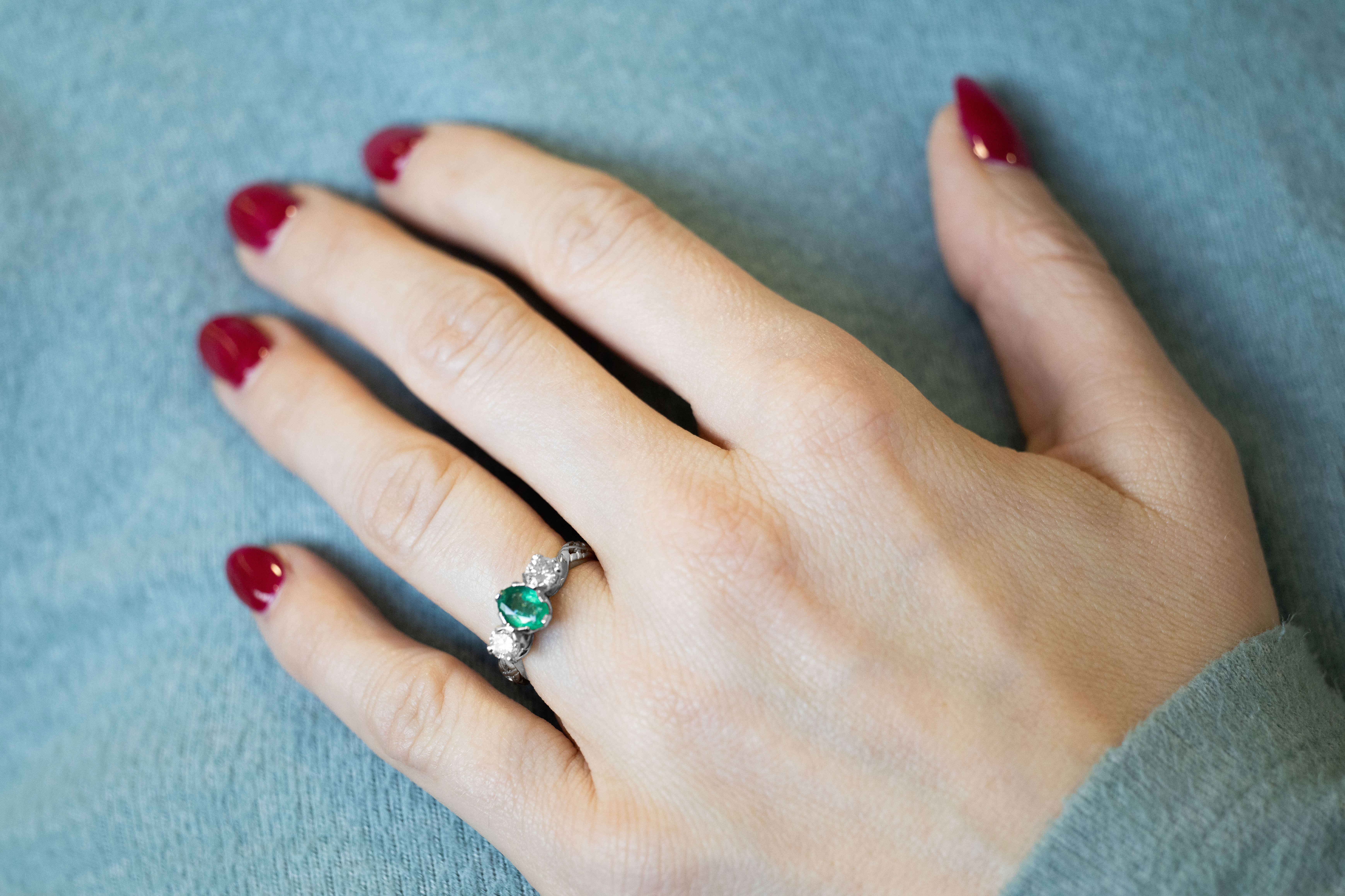White Oval Emerald Diamond Three Stone Celtic Ring