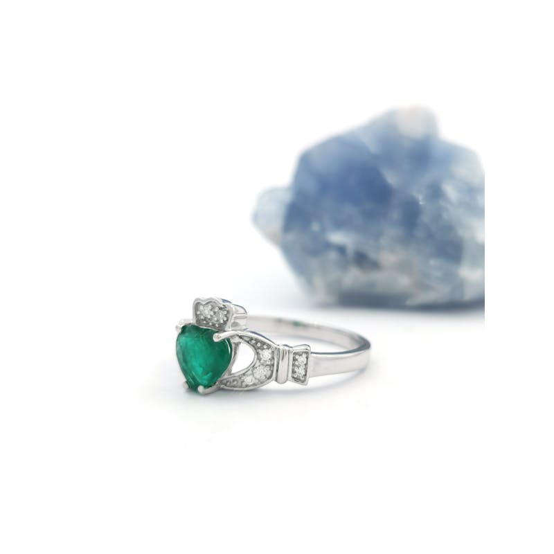 14K White Gold Emerald and Diamond Claddagh Ring -… | My Irish Jeweler