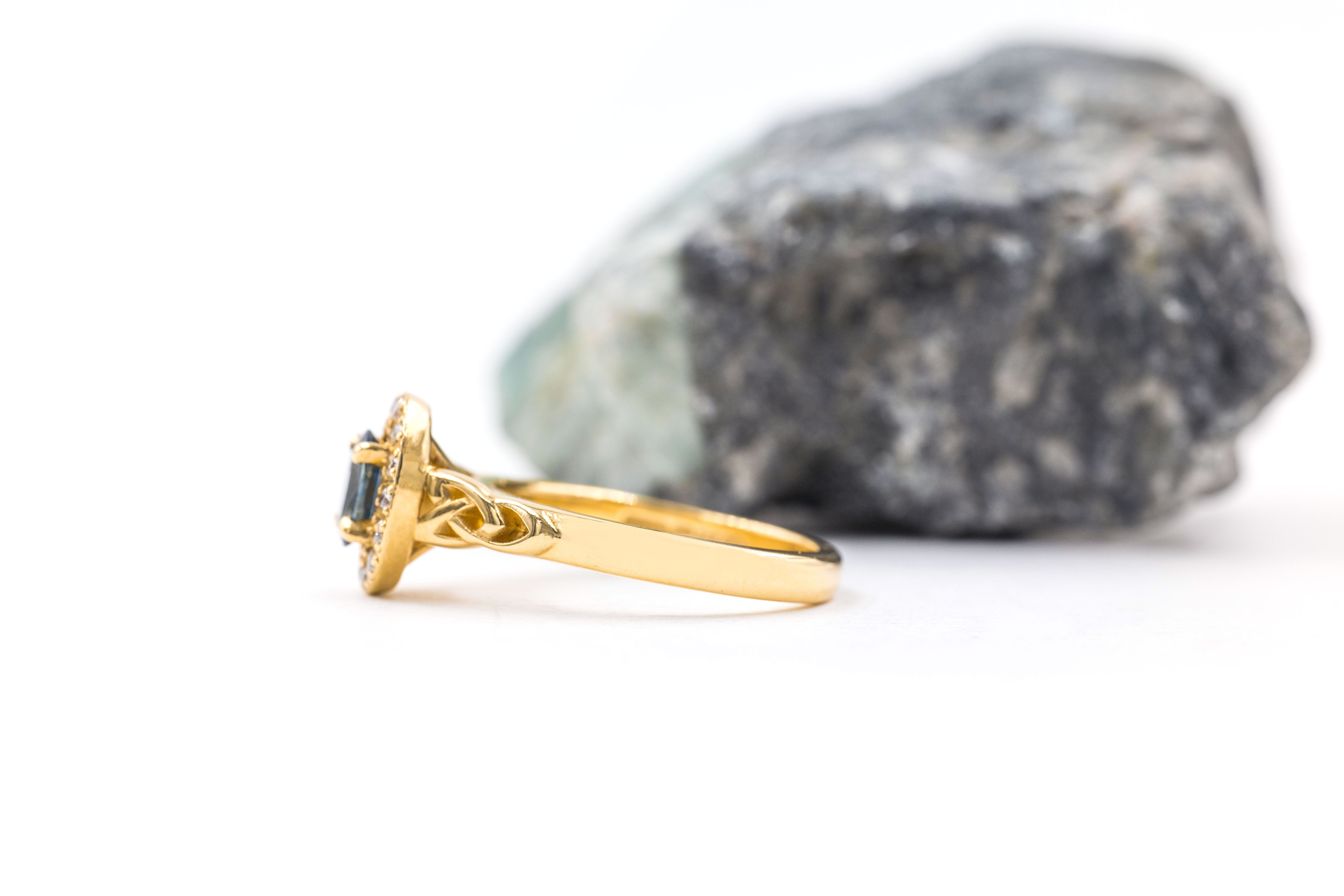 Real 18K Yellow Gold Trinity Knot 0.50ct Natural Sapphire Engagement Ring For Women. Side View.