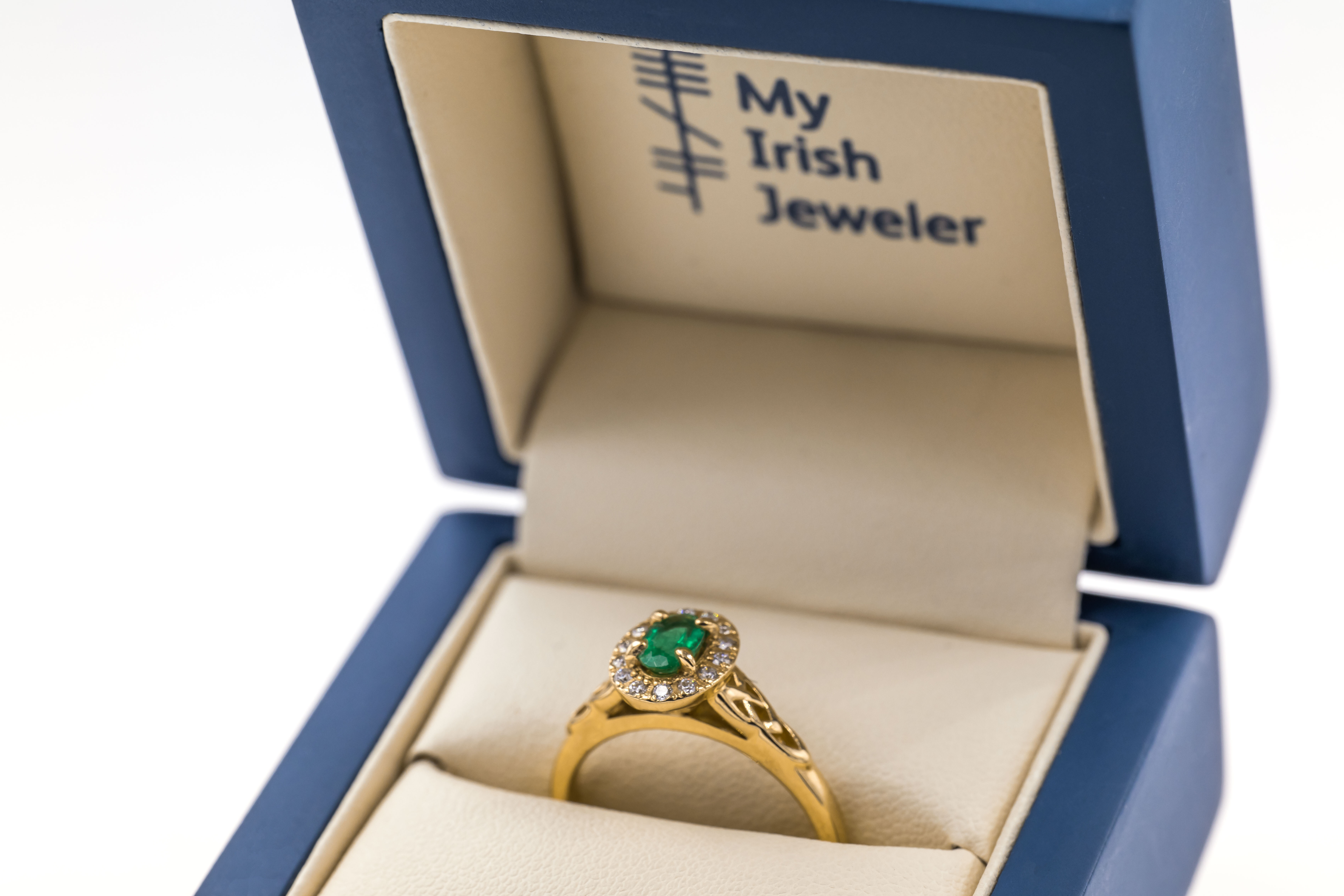 Gorgeous 18K Yellow Gold Trinity Knot & Celtic Knot 0.50ct Natural Emerald Ring With a Polished Finish For Women. In Luxury Packaging.