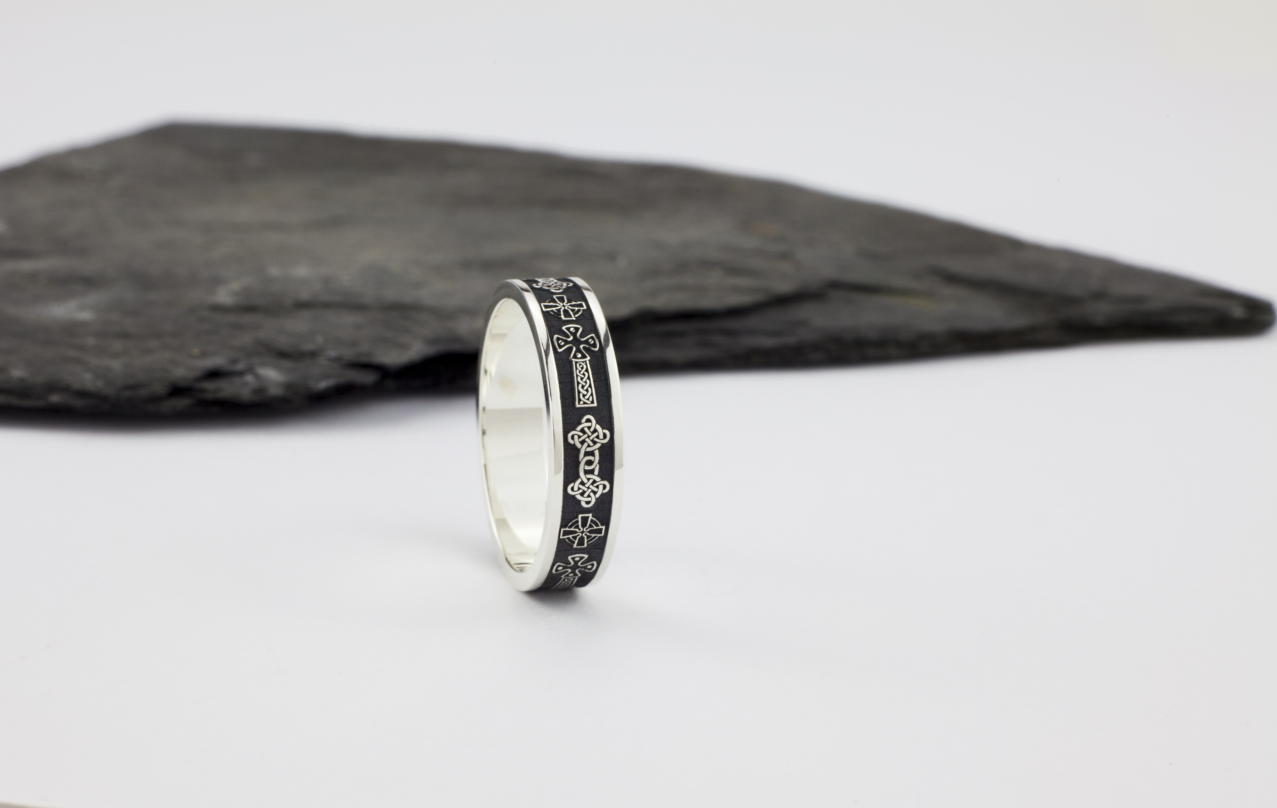 Striking Sterling Silver Celtic Cross 5.0mm Ring With a Oxidized Finish For Women