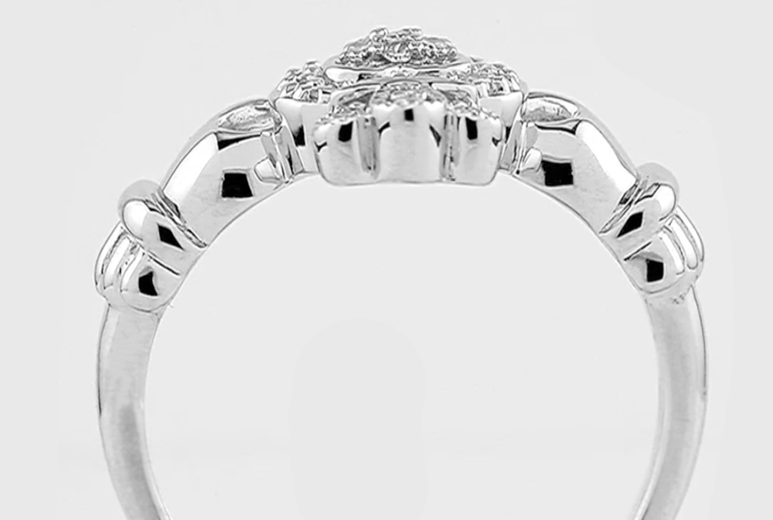 Womens Genuine Polished White Gold Claddagh Engagement Ring. Side View.