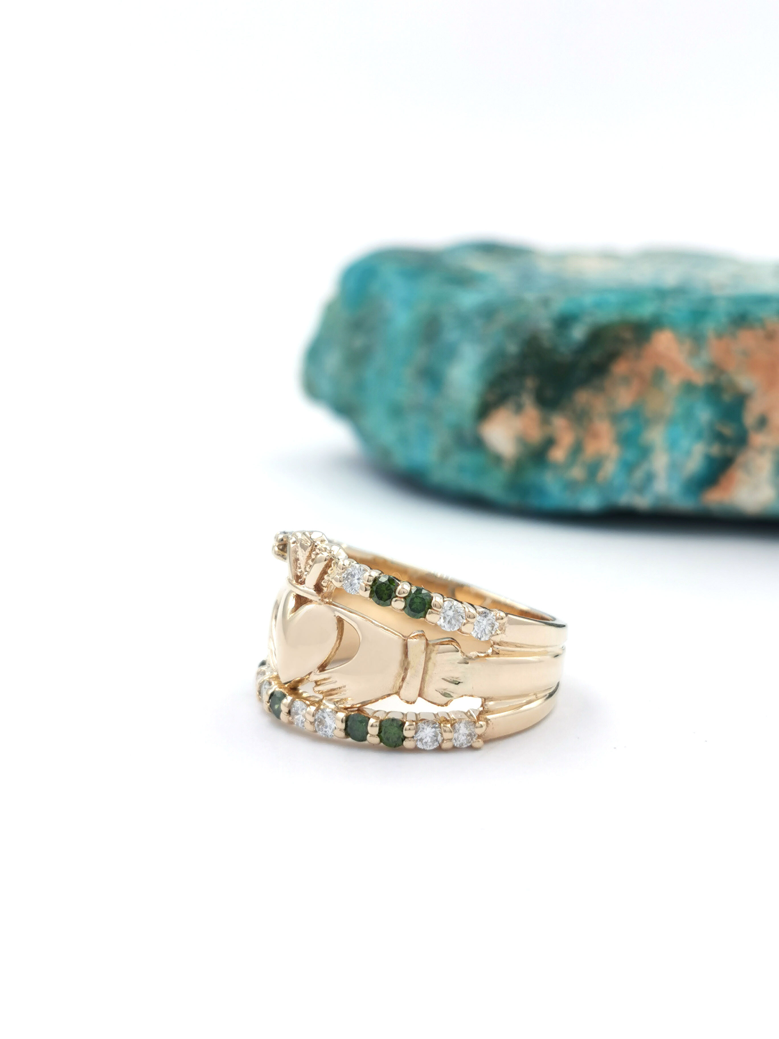 Striking 14K Yellow Gold Claddagh 12.0mm Ring For Women. Side View.