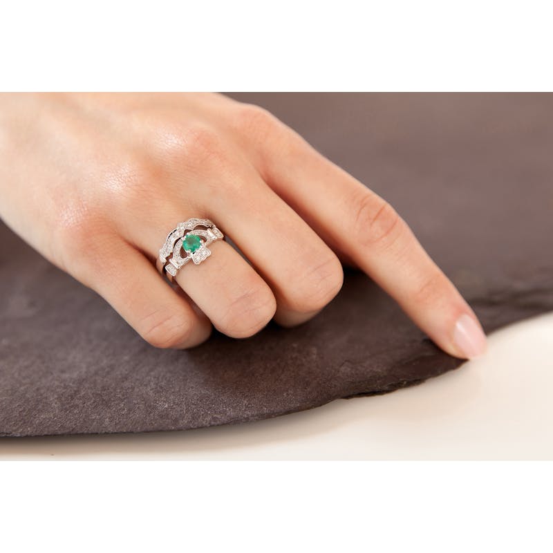 Authentic White Gold Claddagh 0.50ct Natural Emerald Ring For Women - Model Photo