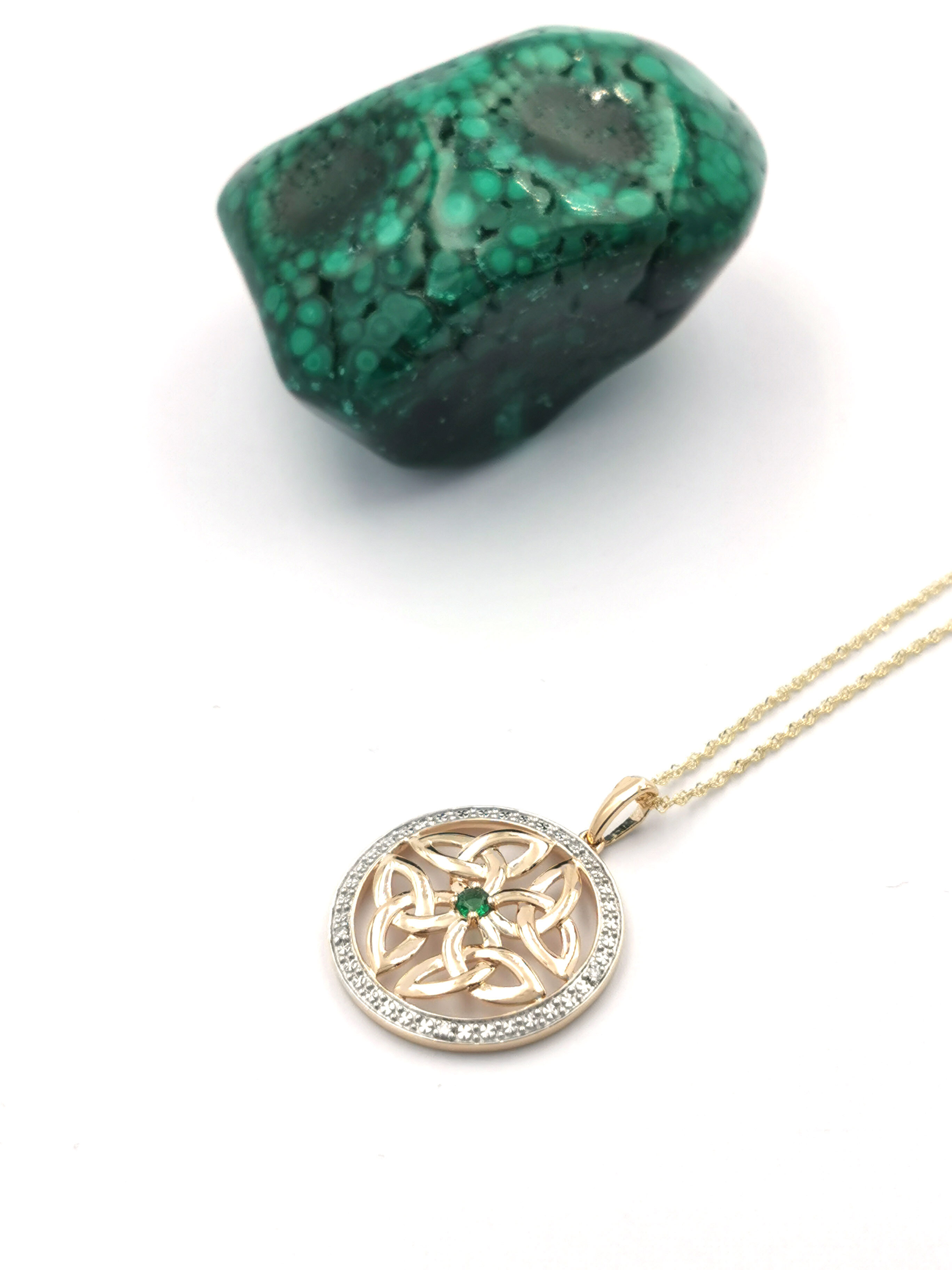 Luxurious Yellow Gold Trinity Knot Necklace For Women. Pictured Flat.