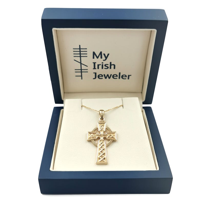 Authentic 14K Yellow Gold Celtic Cross Necklace For Women. In Luxury Packaging.