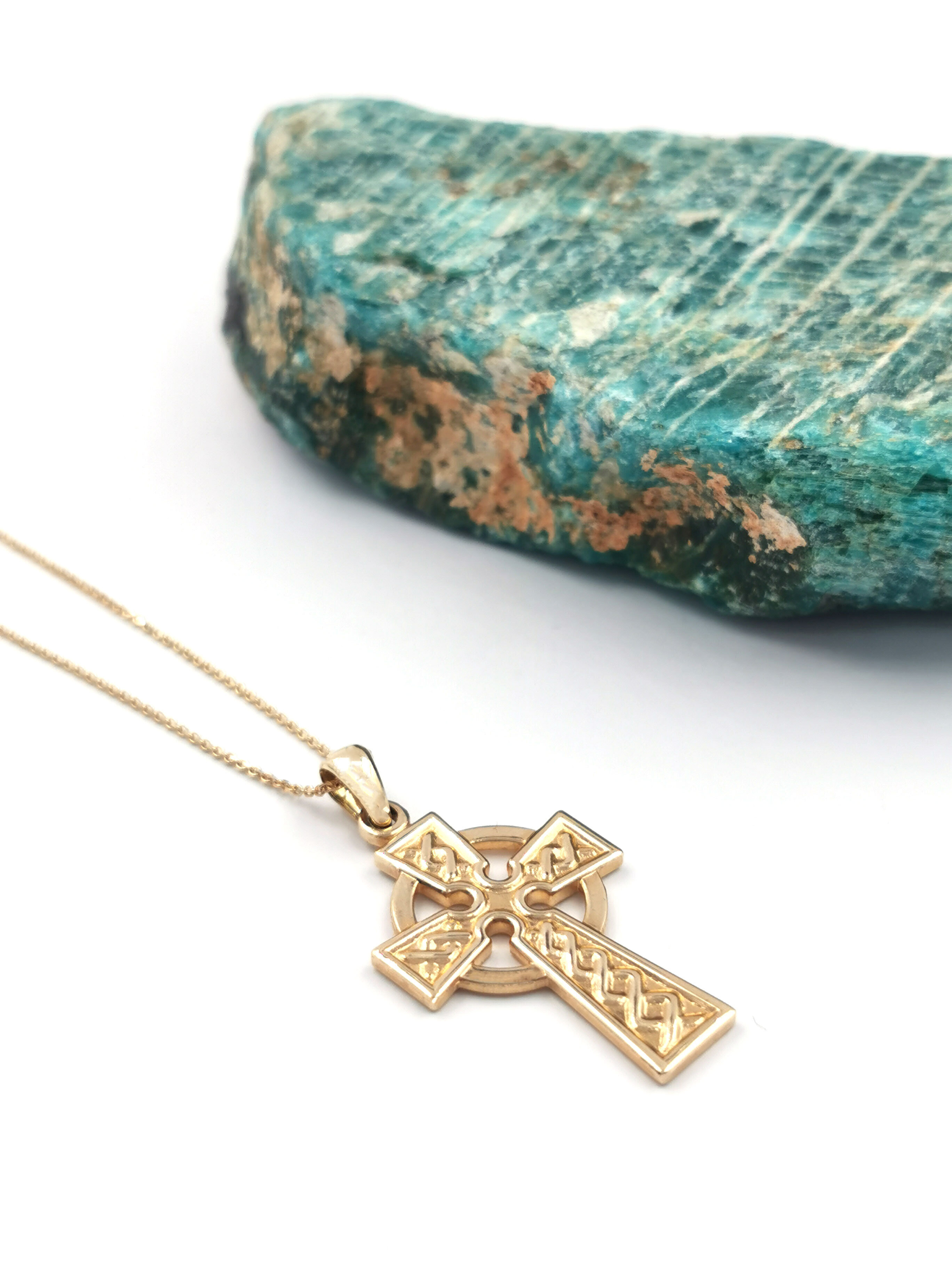 Irish 14K Yellow Gold Celtic Cross & Celtic Knot Necklace For Women. Pictured Flat.
