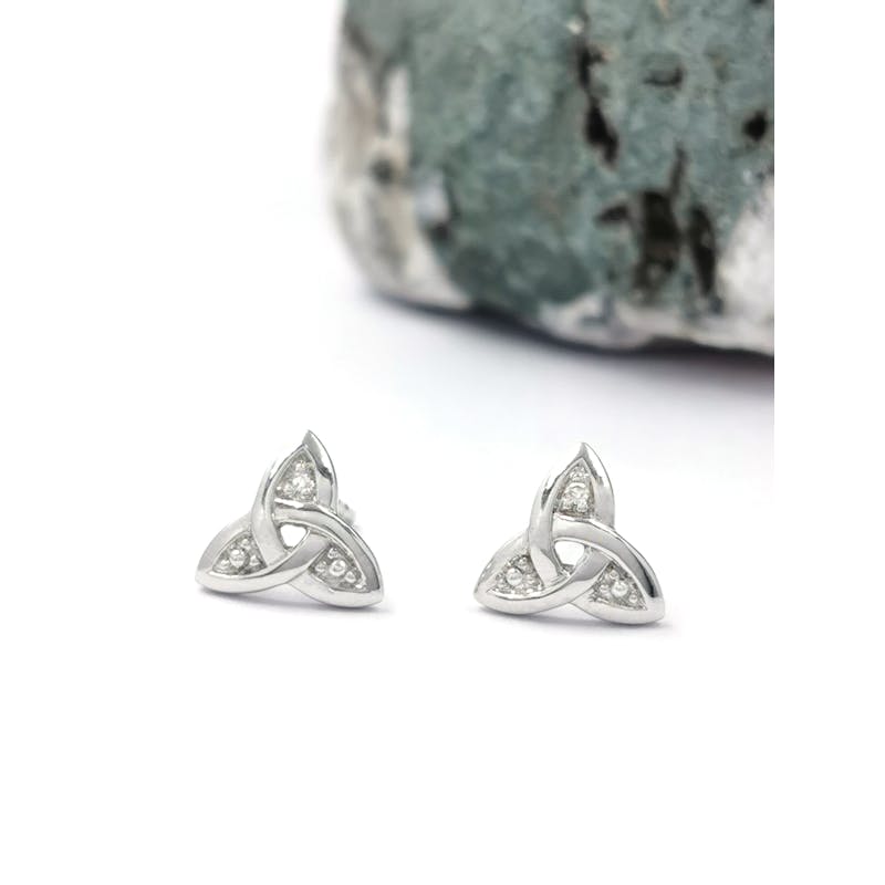 14K Tiny White Gold Diamond Trinity Knot Stud Earrings