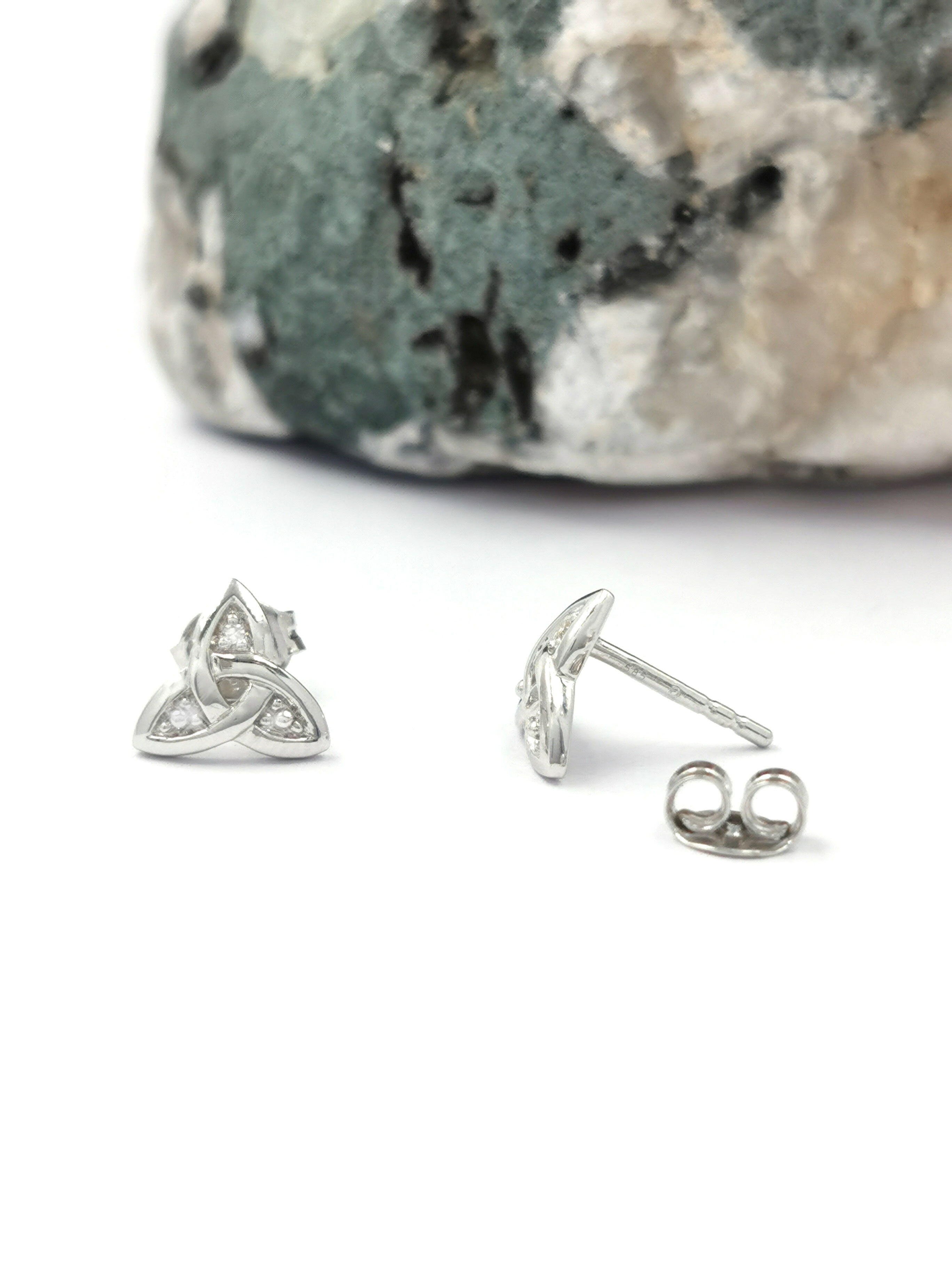 Striking 14K White Gold Trinity Knot & Celtic Knot Earrings For Women. Side View.