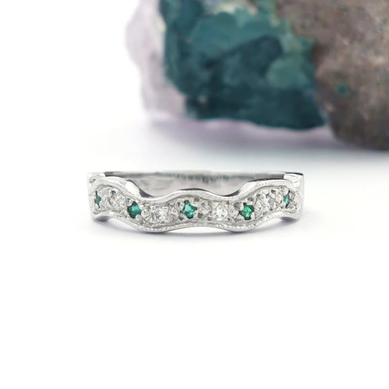 14K Gold Fitted Wedding Band with Emeralds and Diamonds