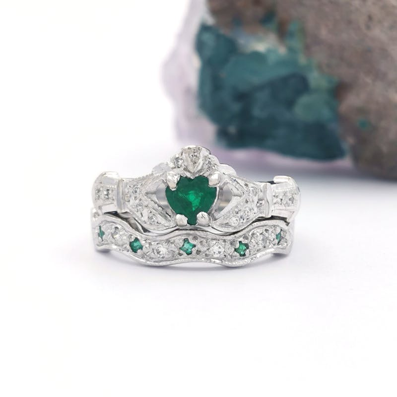 14K White Gold Emerald Claddagh With Optional Wedding Band