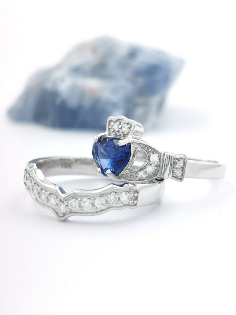 14k white gold sapphire diamond claddagh ring with optional wedding