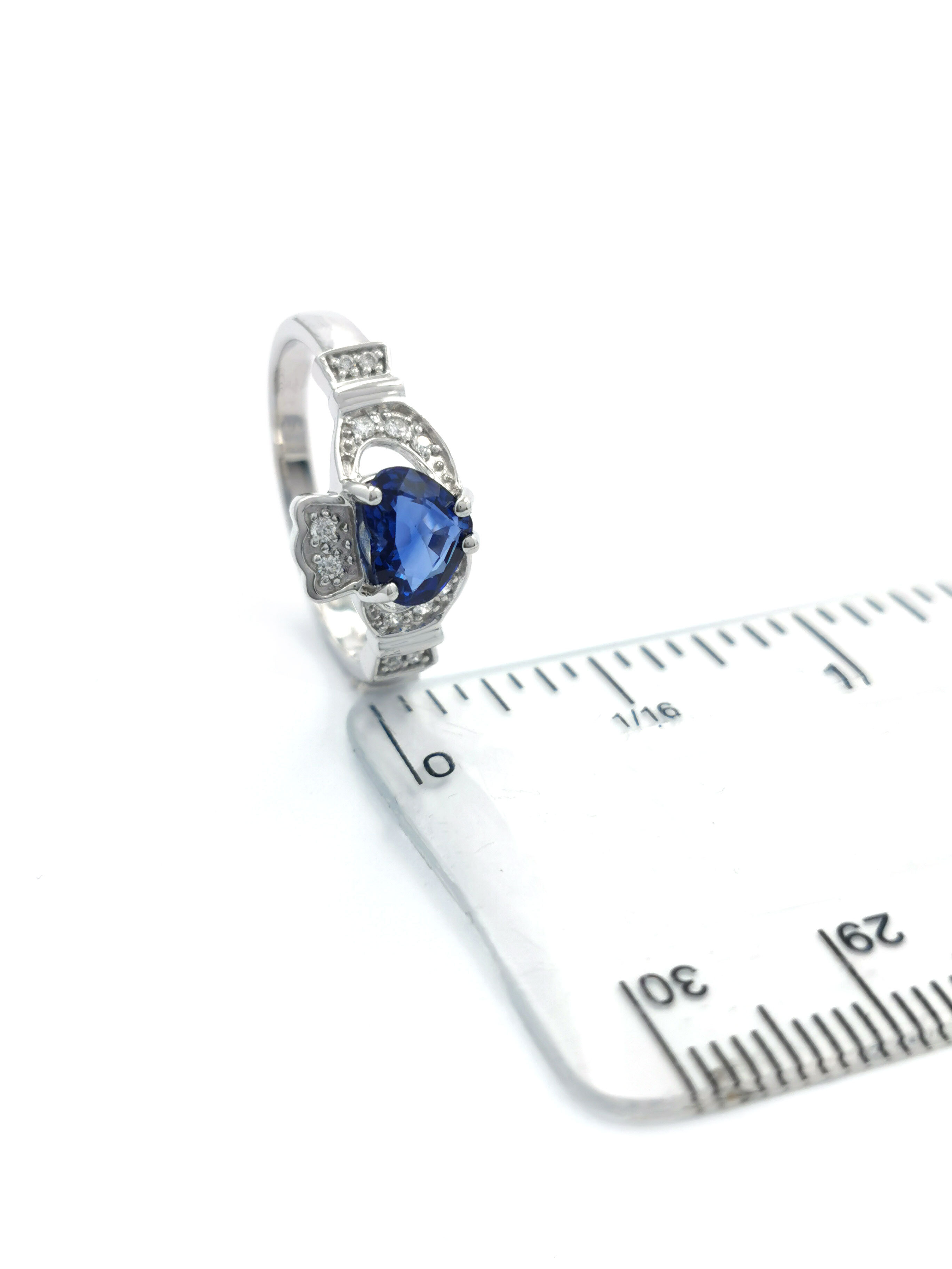 Womens Claddagh Engagement Ring in 14K White Gold. Picture For Scale.