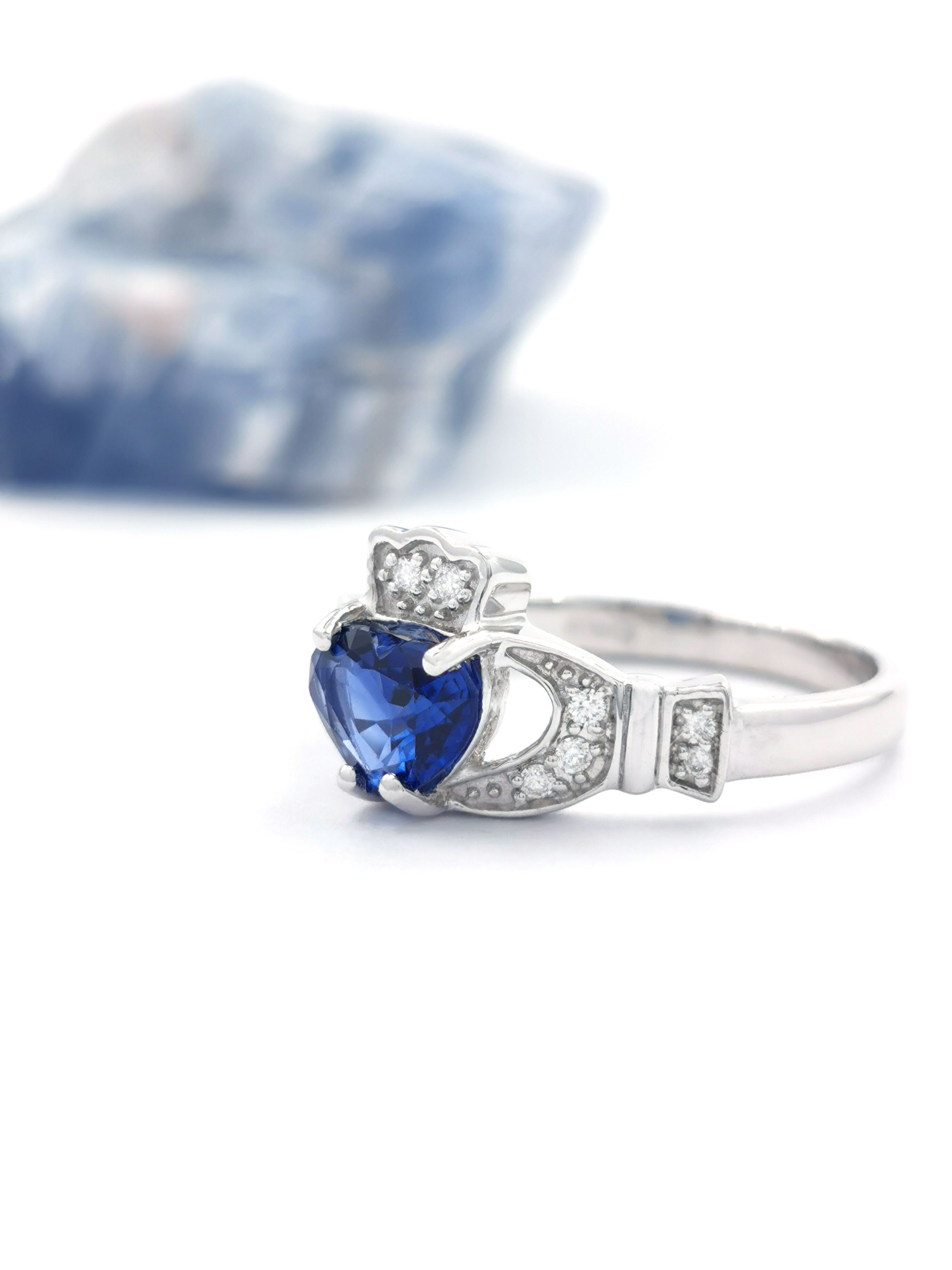 14K White Gold Claddagh Engagement and Wedding Ring Set, Crafted With  Heart-Shape Sapphire And Diamonds