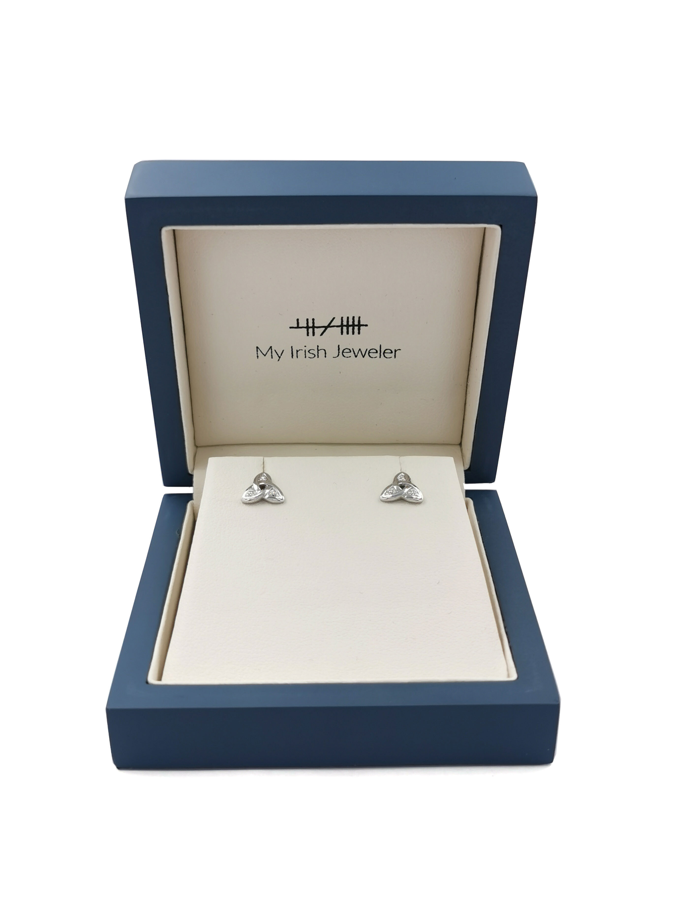 Irish White Gold Trinity Knot Earrings For Women. In Luxury Packaging.
