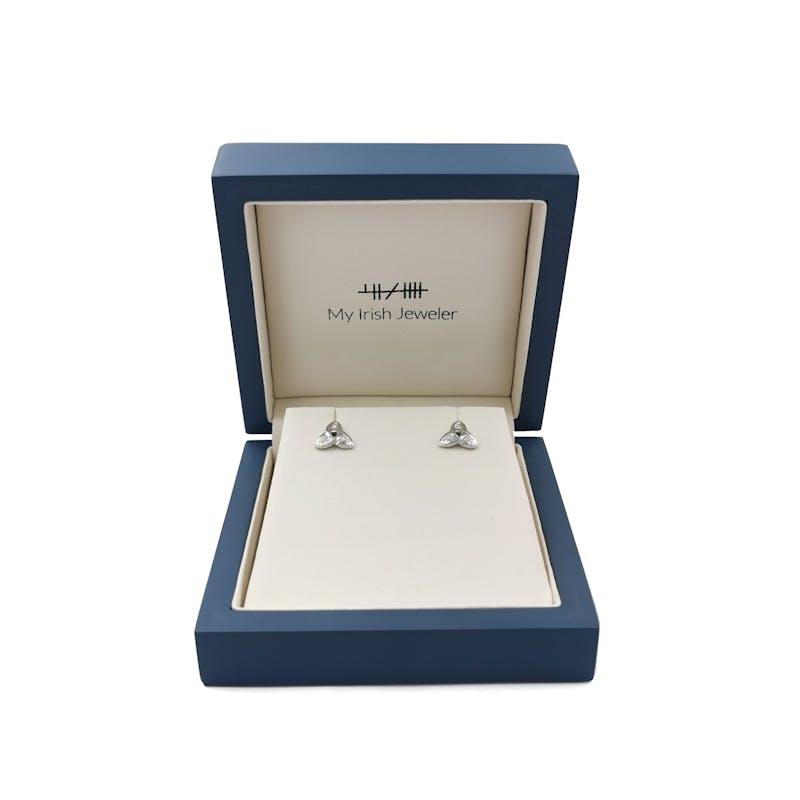 Irish White Gold Trinity Knot Earrings For Women. In Luxury Packaging.