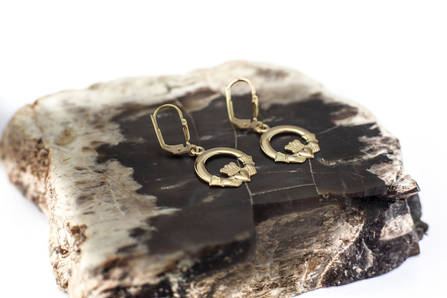 Real Yellow Gold Claddagh Earrings For Women. Side View.