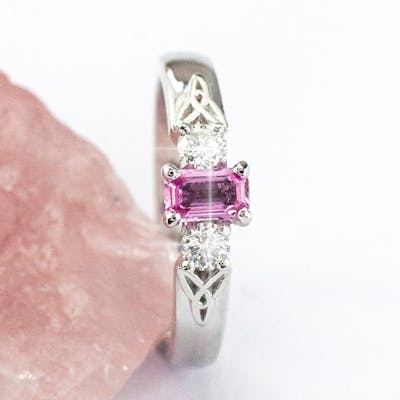 14k Three Stone Pink Sapphire Diamond Trinity Knot Engagement Ring