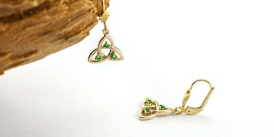 14k Trinity Knot Drop Earrings Three Emeralds