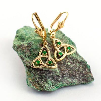 14K Gold Emerald Set Trinity Knot Drop Earrings