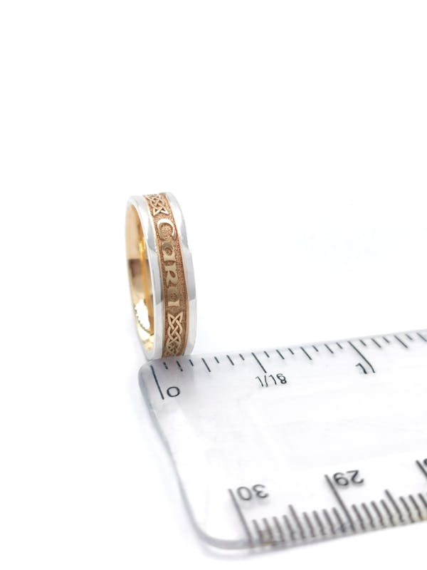 Womens Mo Anam Cara 6.5mm Ring in Real Yellow Gold & White Gold. Picture For Scale.