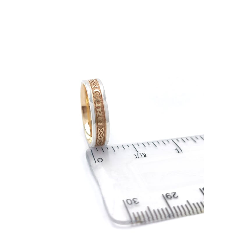 Womens Mo Anam Cara 6.5mm Ring in Real Yellow Gold & White Gold. Picture For Scale.