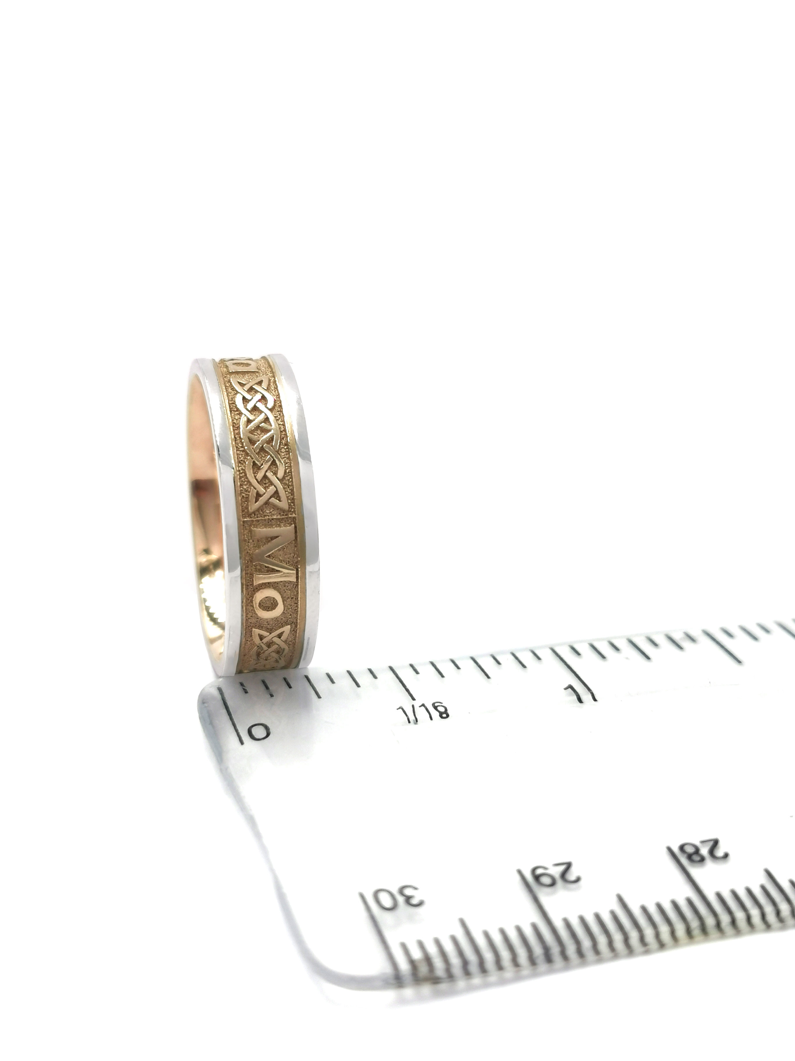 Mens Mo Anam Cara & Gaelic 5.0mm Ring in Real 14K Yellow Gold & White Gold. Picture For Scale.