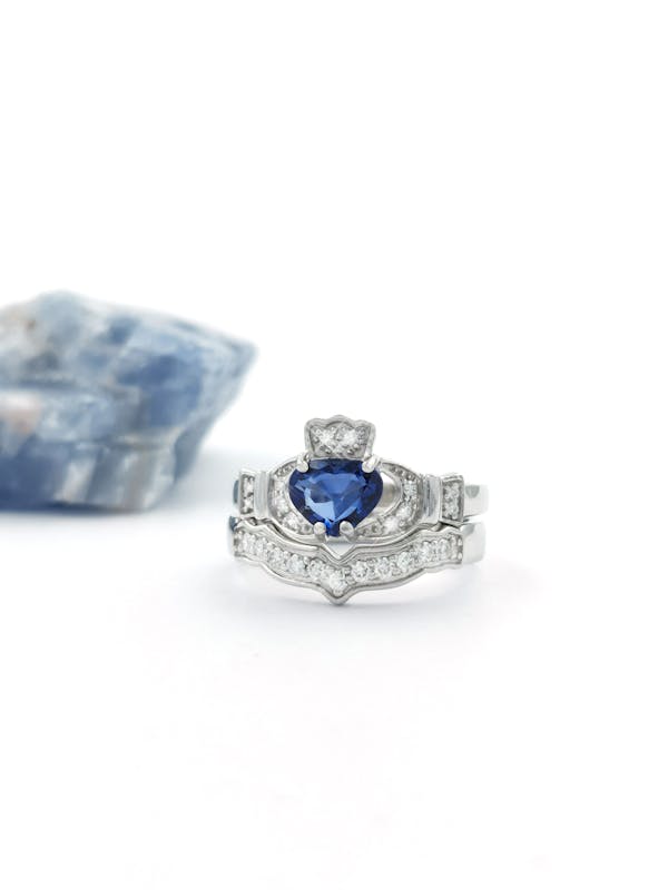 Claddagh Sapphire Diamond Ring in Solid 14K Yellow Gold 7.5
