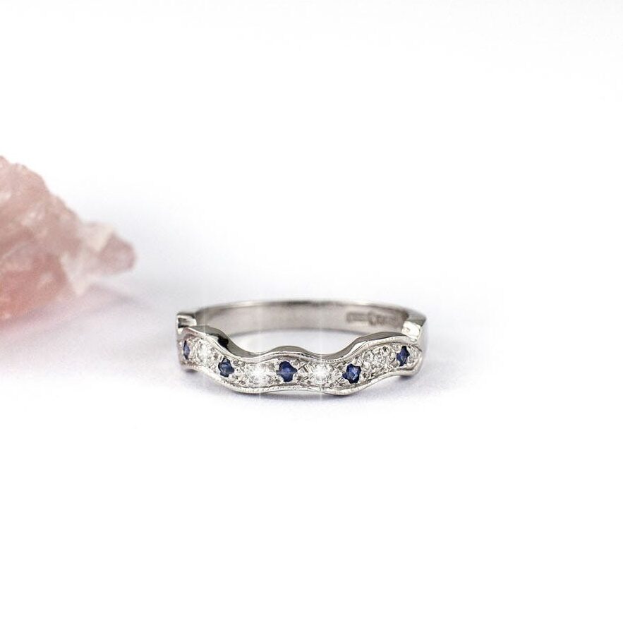 14K White Gold Diamond and Sapphire Fitted Wedding Band