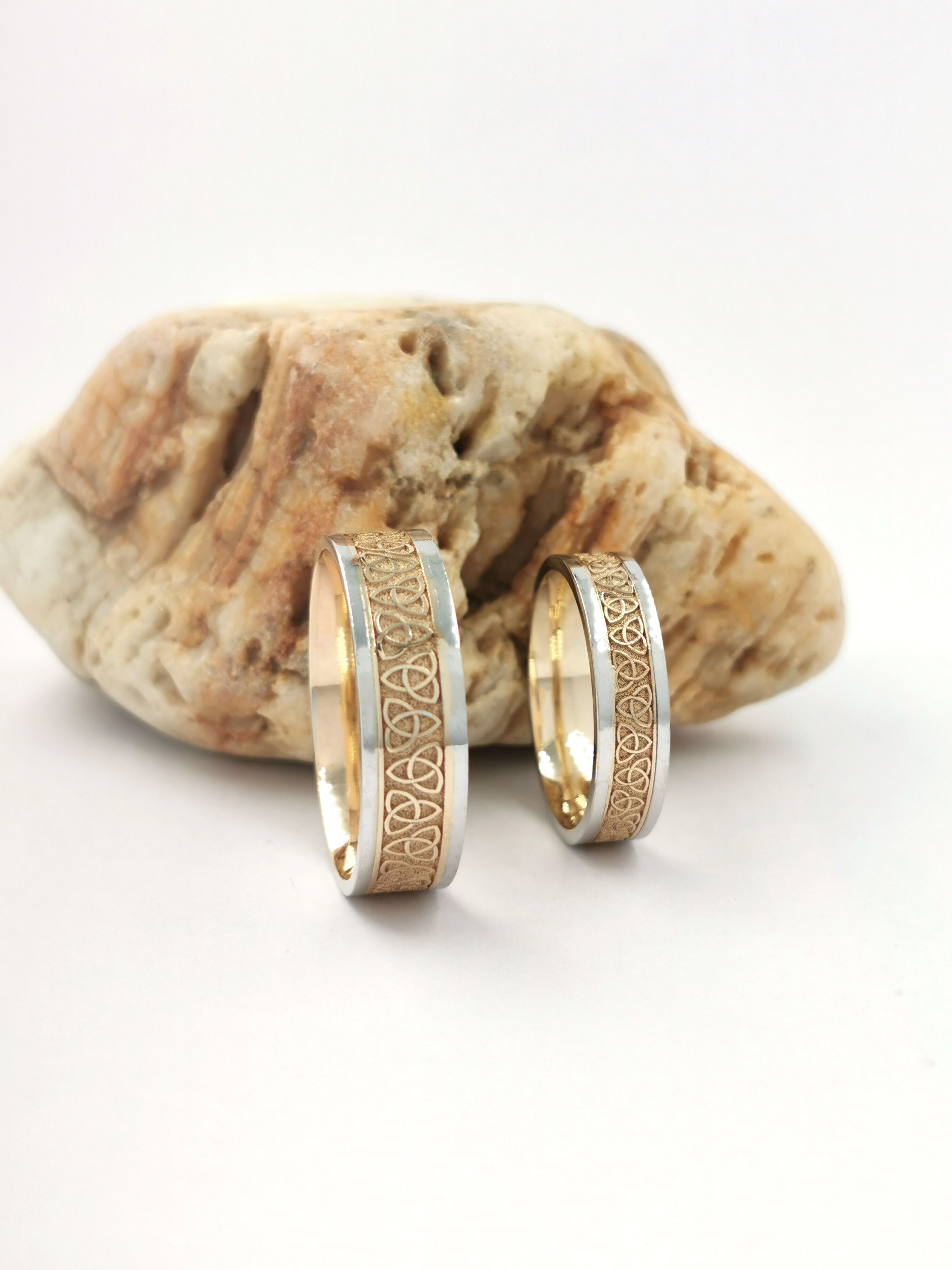 Two Tone Trinity Knot Couples Ring Set