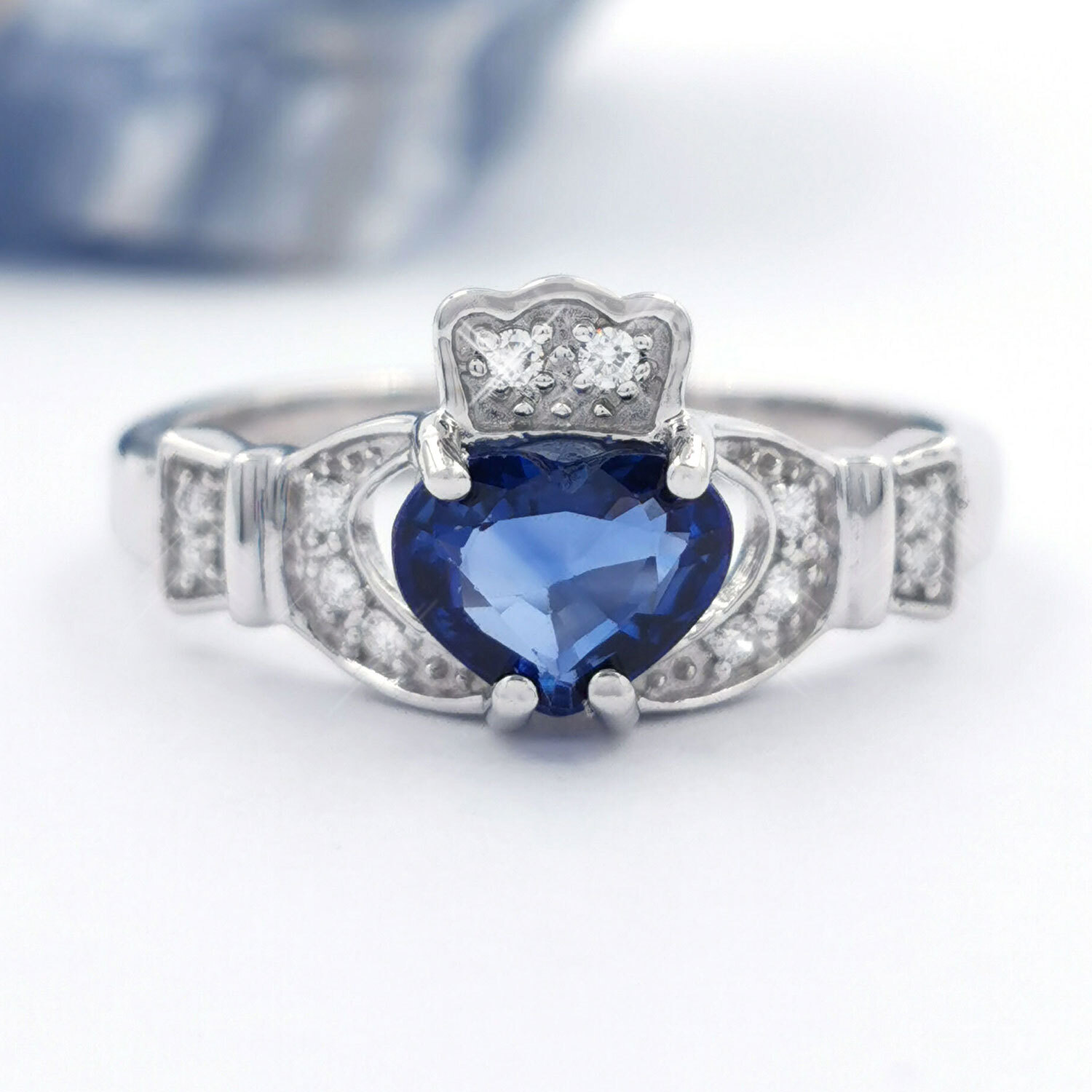 14K White Gold Sapphire & Diamond Claddagh Ring