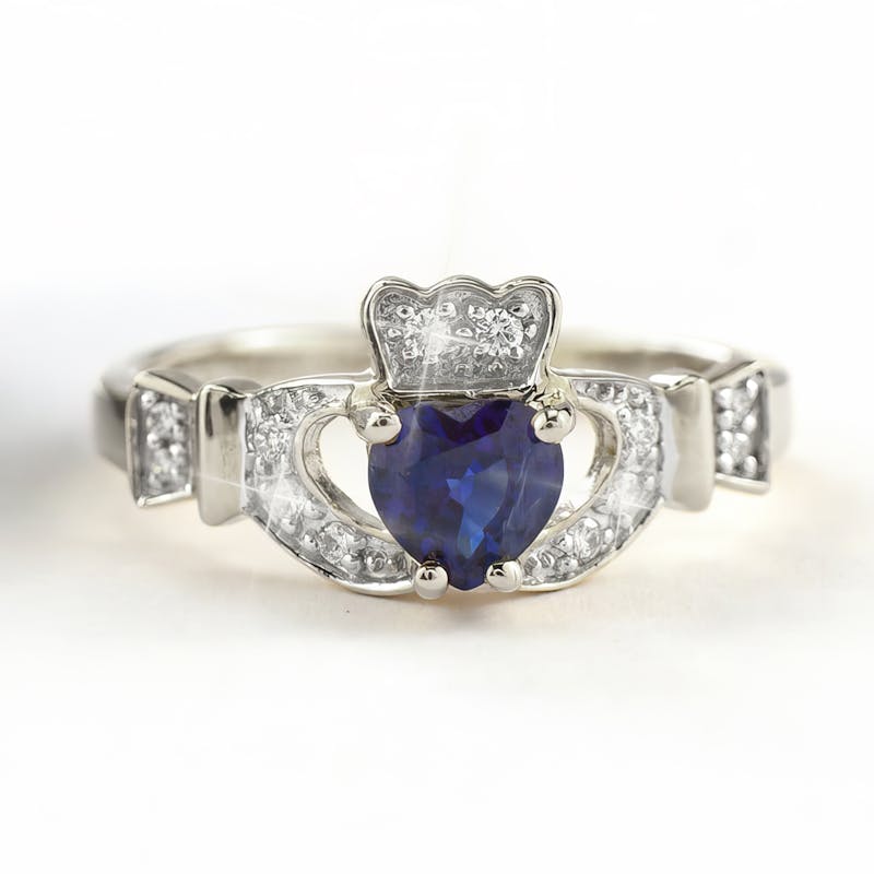 14k white gold sapphire heart claddagh ring