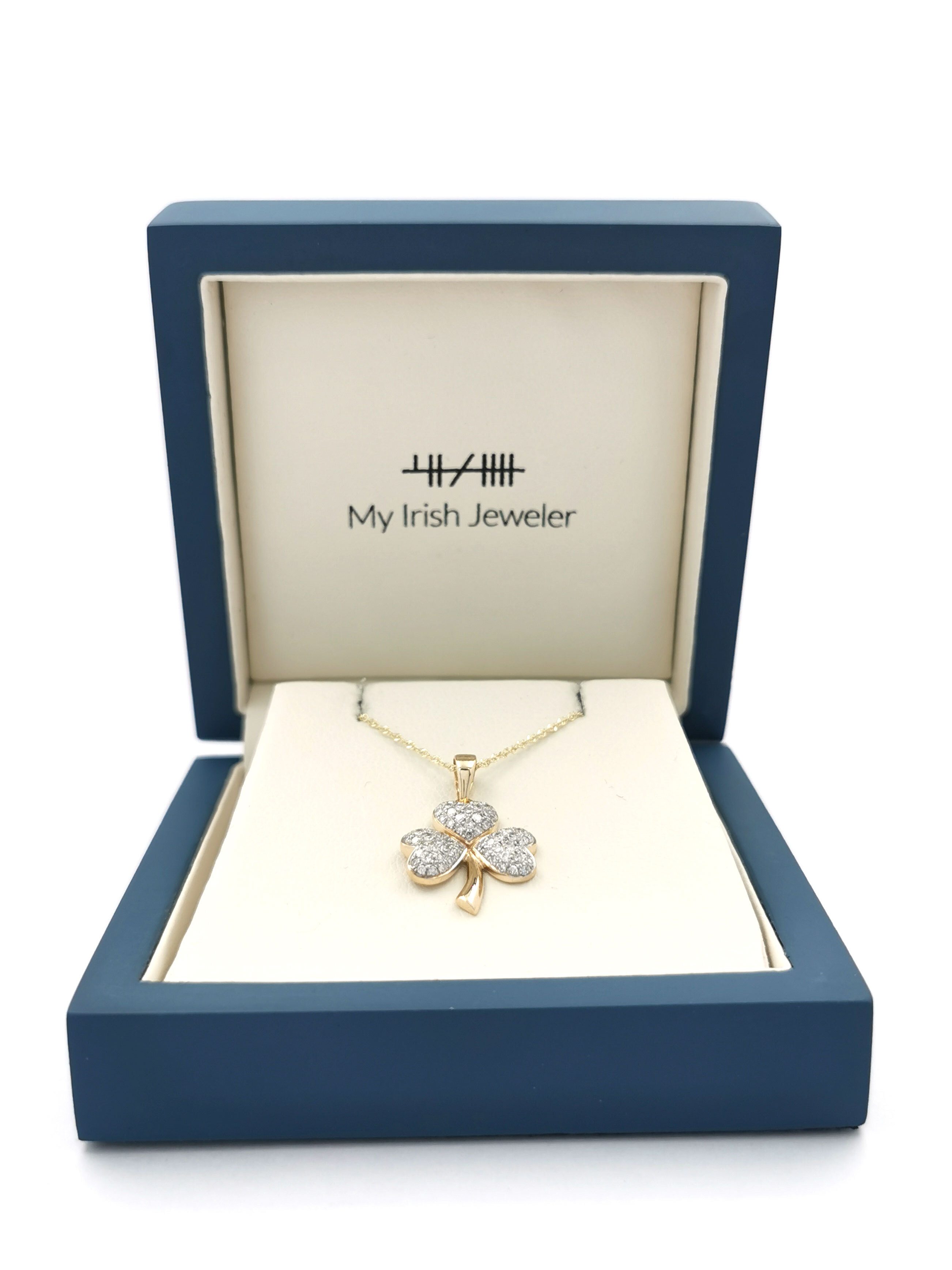 Genuine Yellow Gold Shamrock Necklace For Women. In Luxury Packaging.