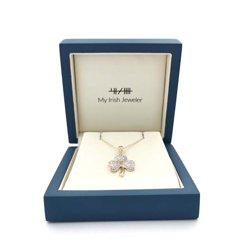 Genuine Yellow Gold Shamrock Necklace For Women. In Luxury Packaging.