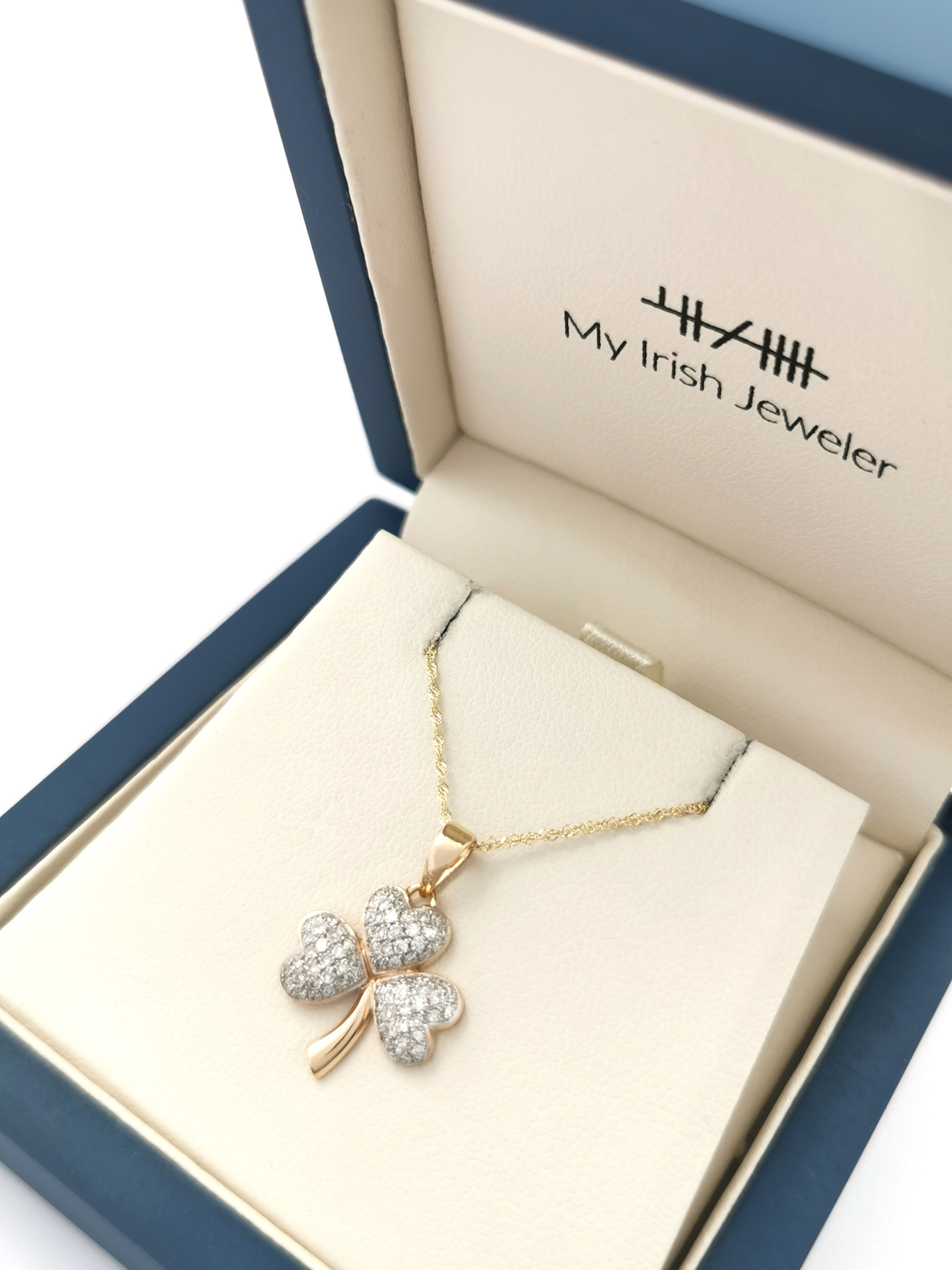 Womens Shamrock Necklace in Real Yellow Gold. In Luxury Packaging.