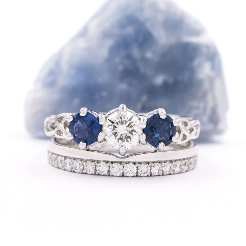 Diamond and Sapphire Three Stone Trinity Knot Engagement Ring