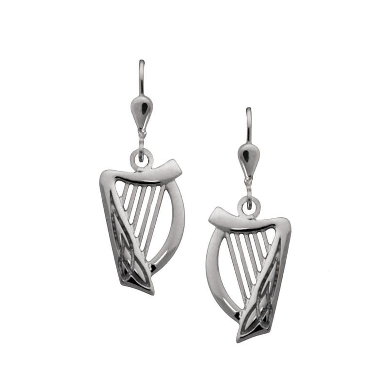 Womens Sterling Silver Irish Harp Earrings