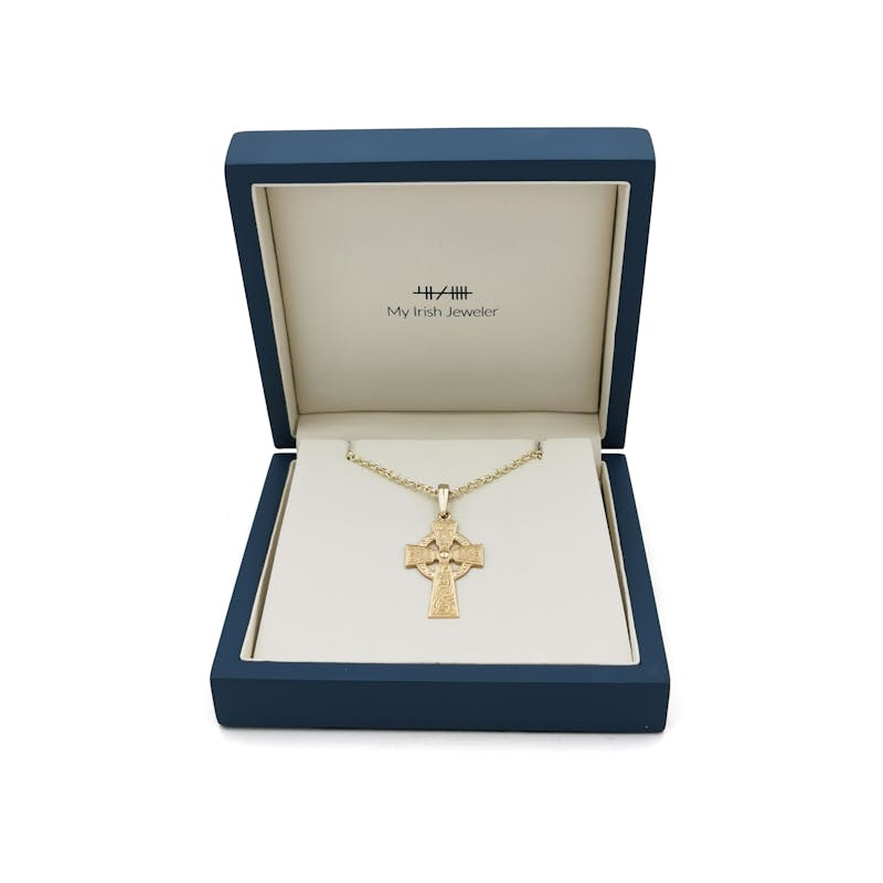 Irish Yellow Gold Celtic Warrior & Celtic Cross Necklace. In Luxury Packaging.