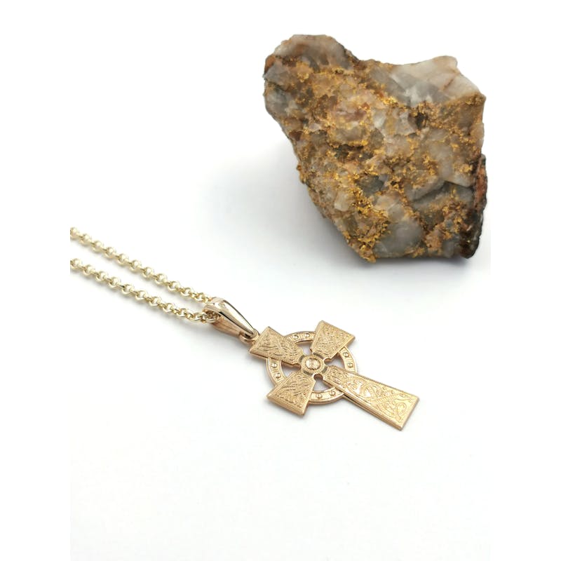 Attractive 10K Yellow Gold Celtic Warrior & Celtic Cross Necklace. Pictured Flat.
