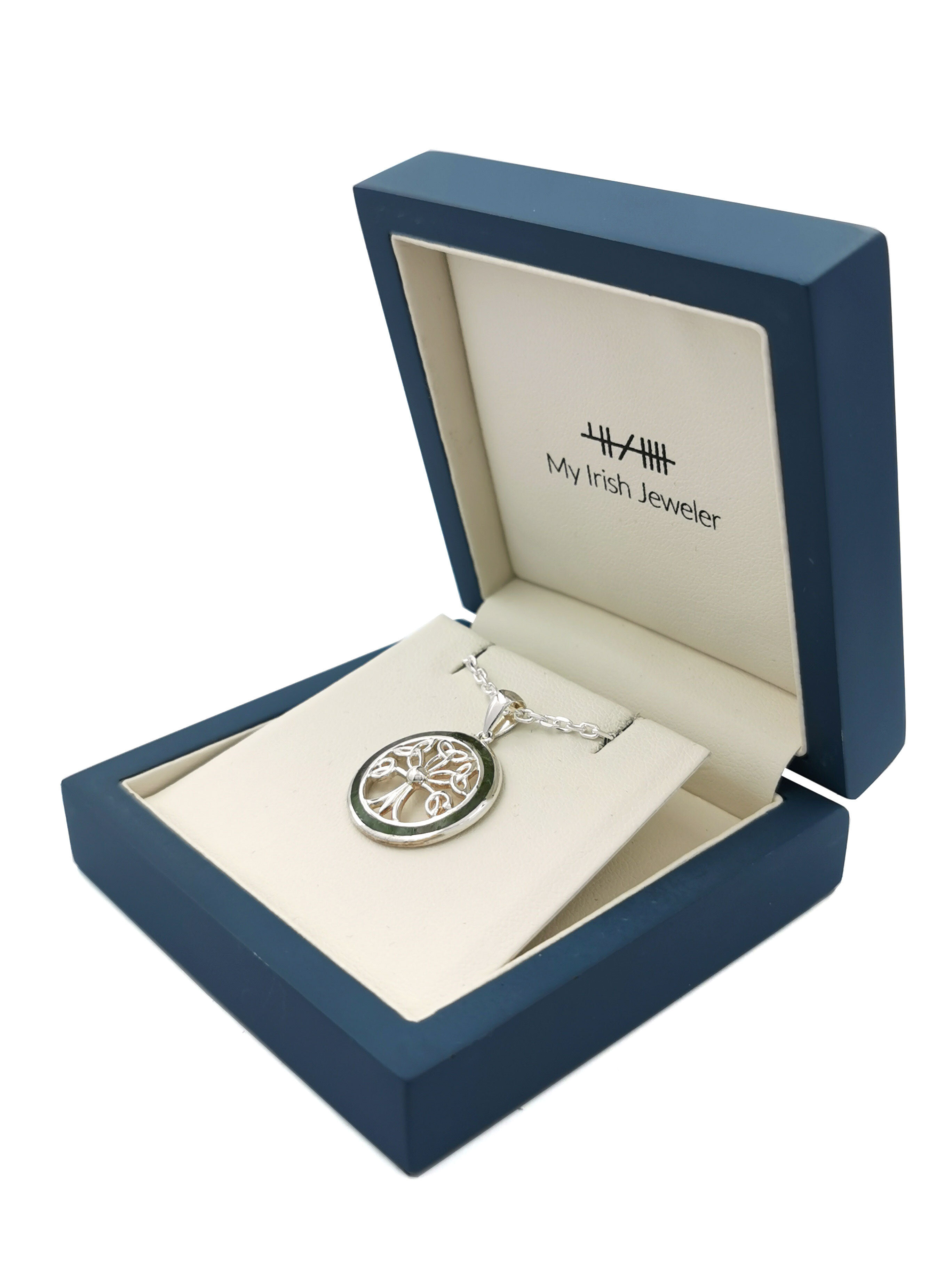 Authentic Sterling Silver Tree of Life & Connemara Marble Necklace For Women. In Luxury Packaging.