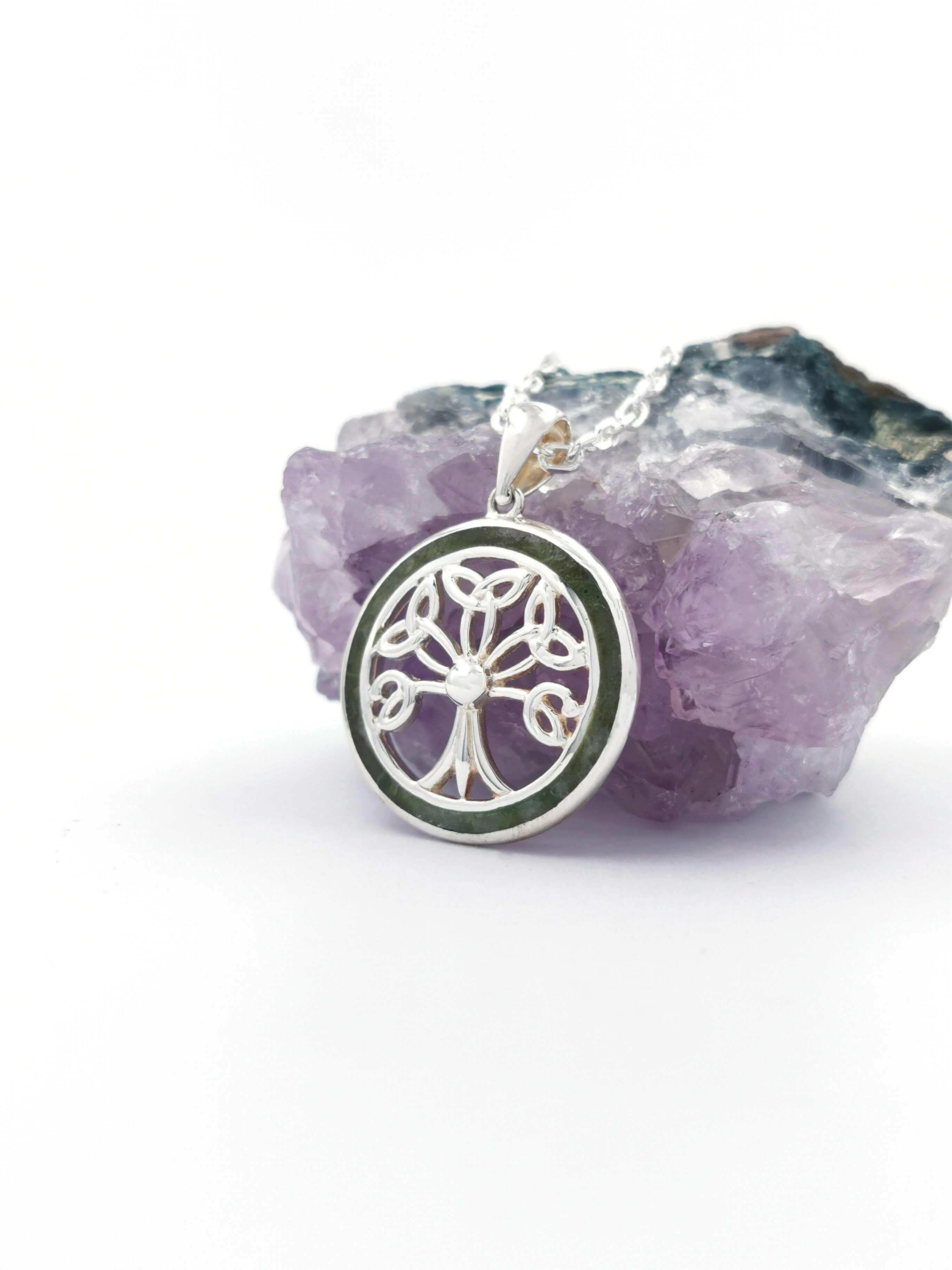 Womens Tree of Life & Connemara Marble Necklace in Real Sterling Silver. Side View.