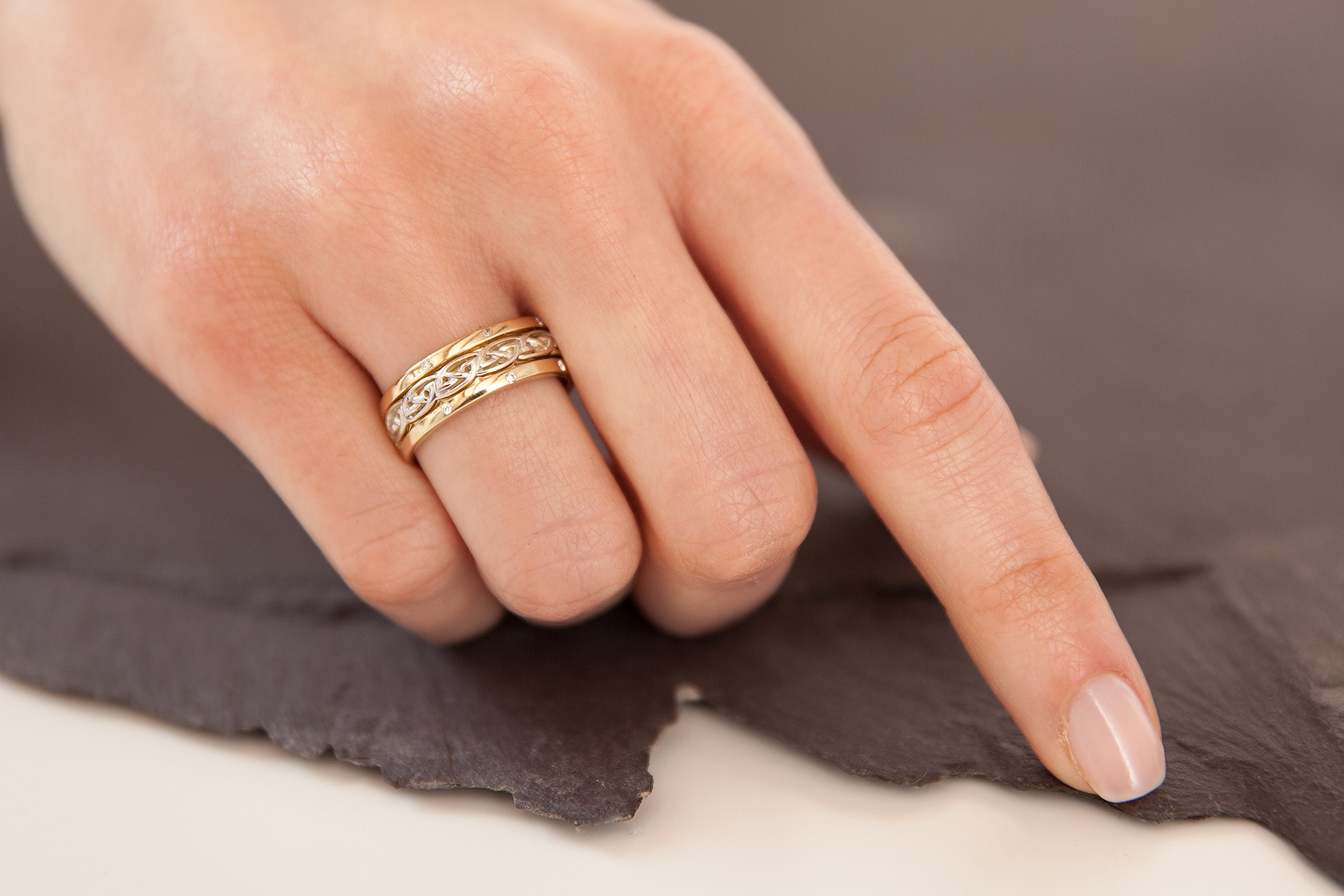 Womens Authentic 14K Yellow Gold & White Gold Celtic Knot Ring - Model Photo