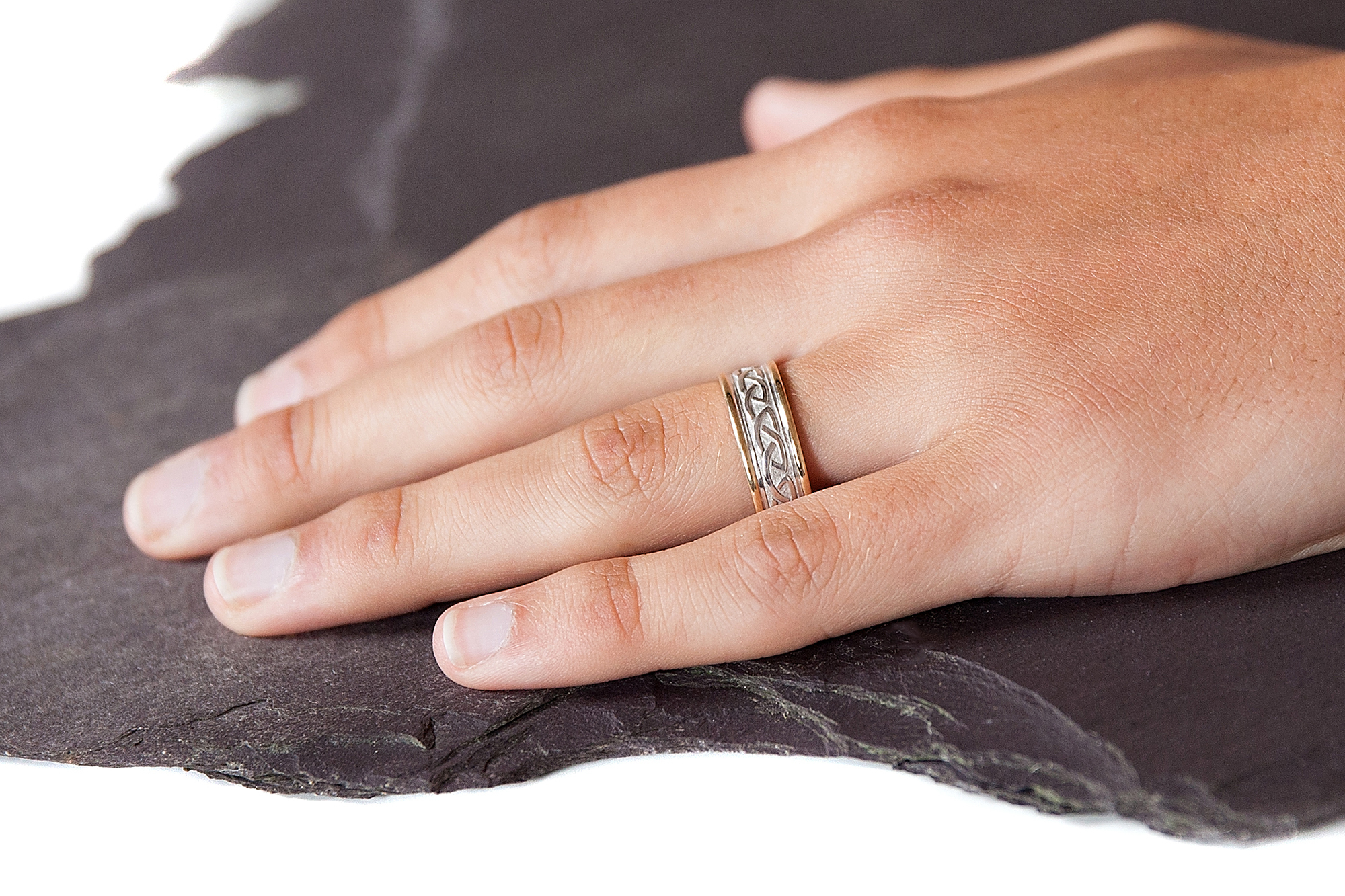 Celtic Knot 6.0mm Ring in Real White Gold & Yellow Gold - Model Photo