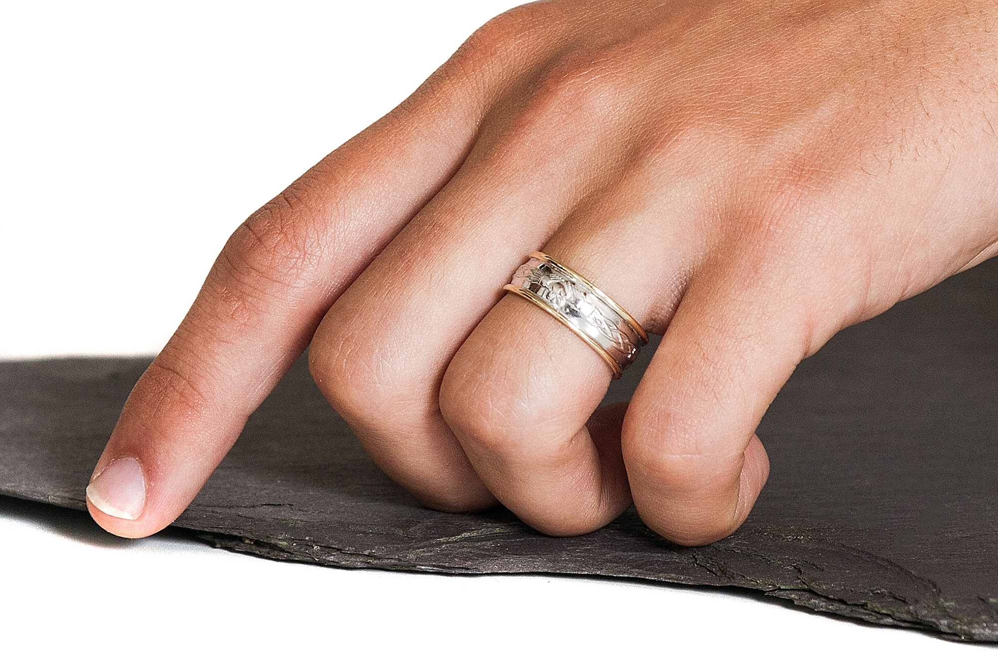 Mens Claddagh 6.5mm Ring in Real White Gold & Yellow Gold - Model Photo